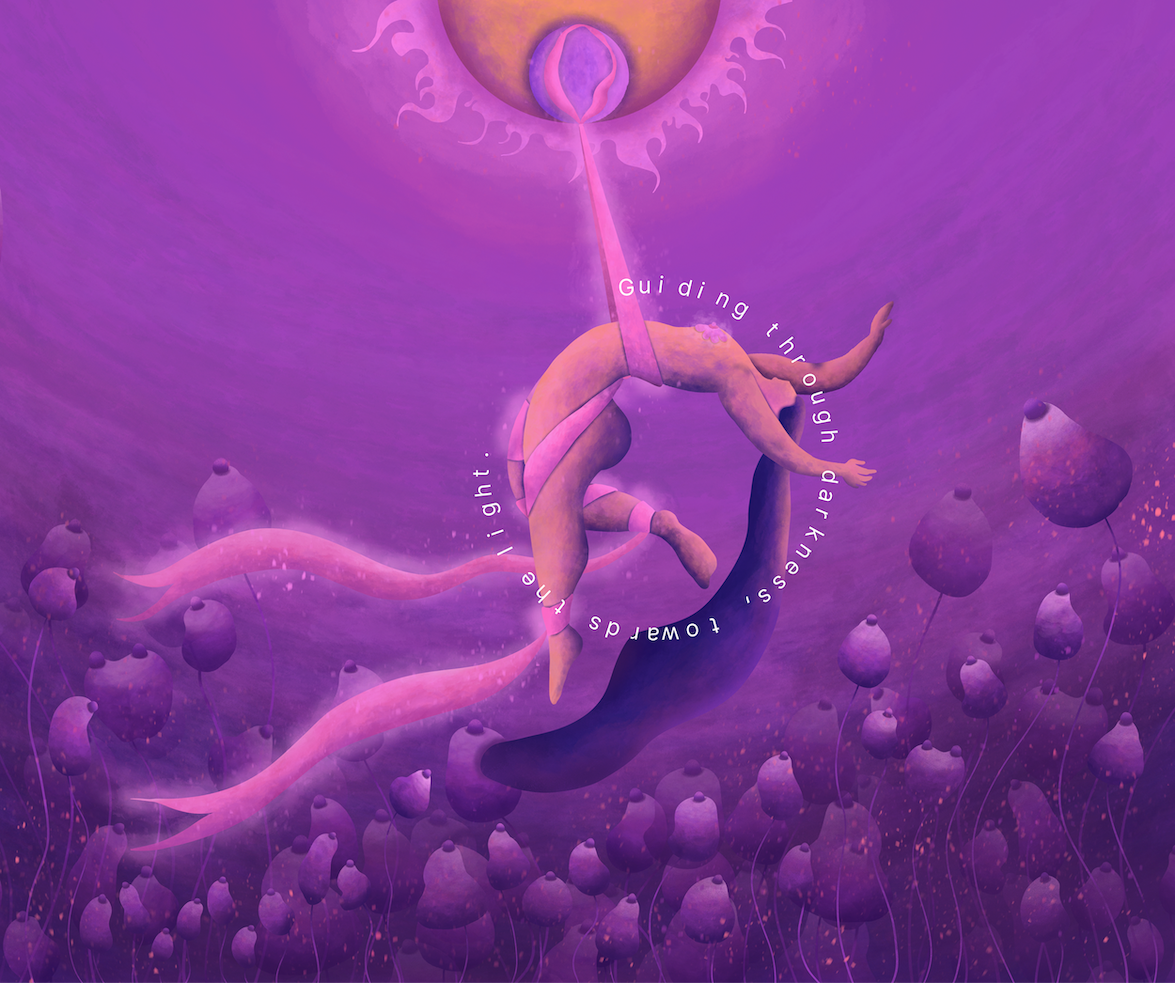 Illustration of a Bolero dancer dangling from a ribbon coming out of a pink and purple planet-like object above a sun. The words "Guiding through darkness, towards the light" appear in a part circle around the dancer.