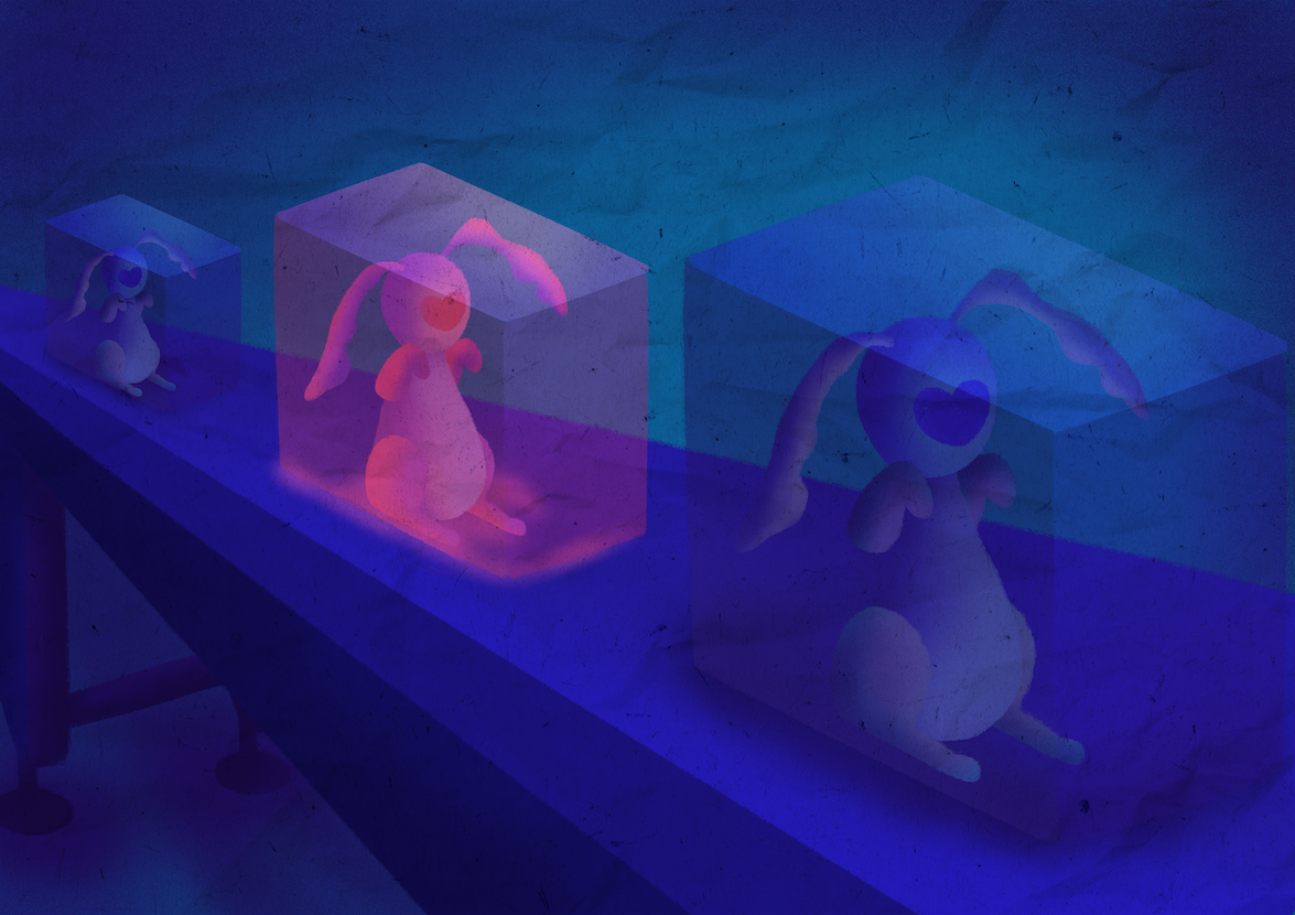 Illustration of three rabbit-like animals encased in transparent blocks, lying on a long table in a dark room.