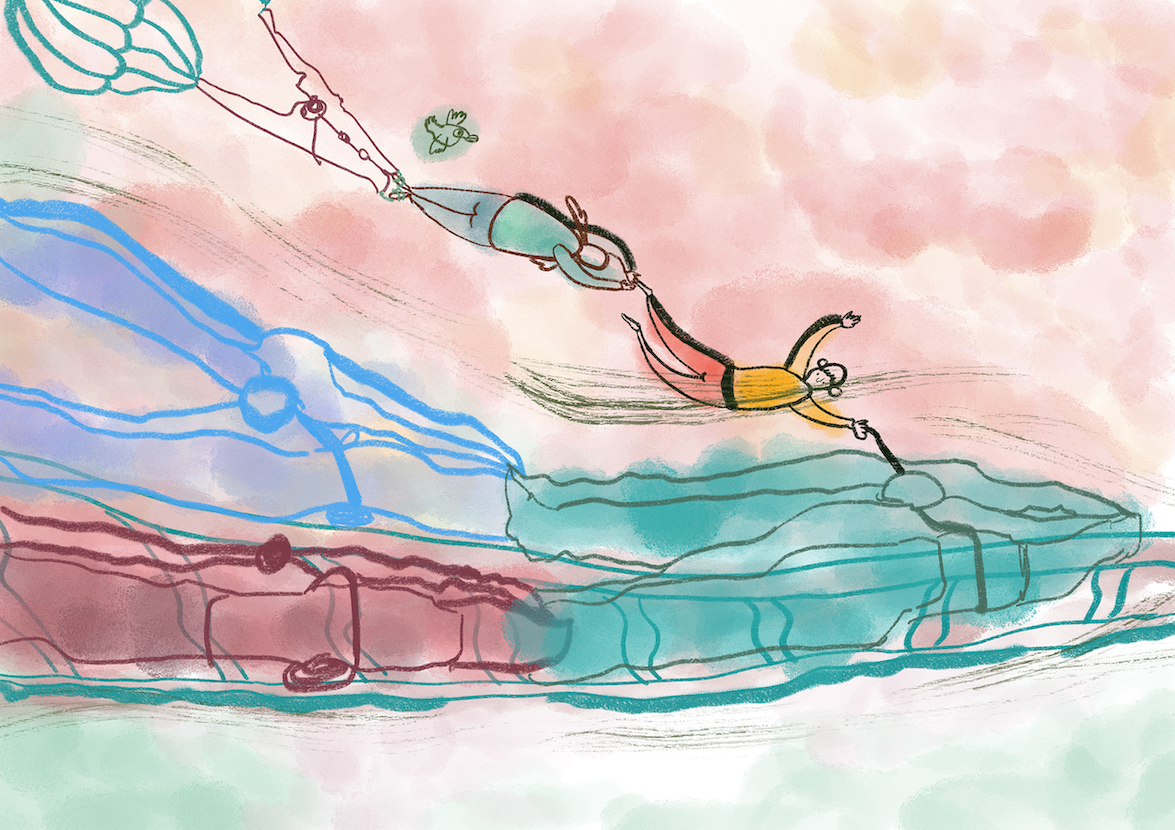 Watercolour style illustration of three people hanging onto one another while flying. The first person appears to be holding onto a leash attached to an abstract creature.