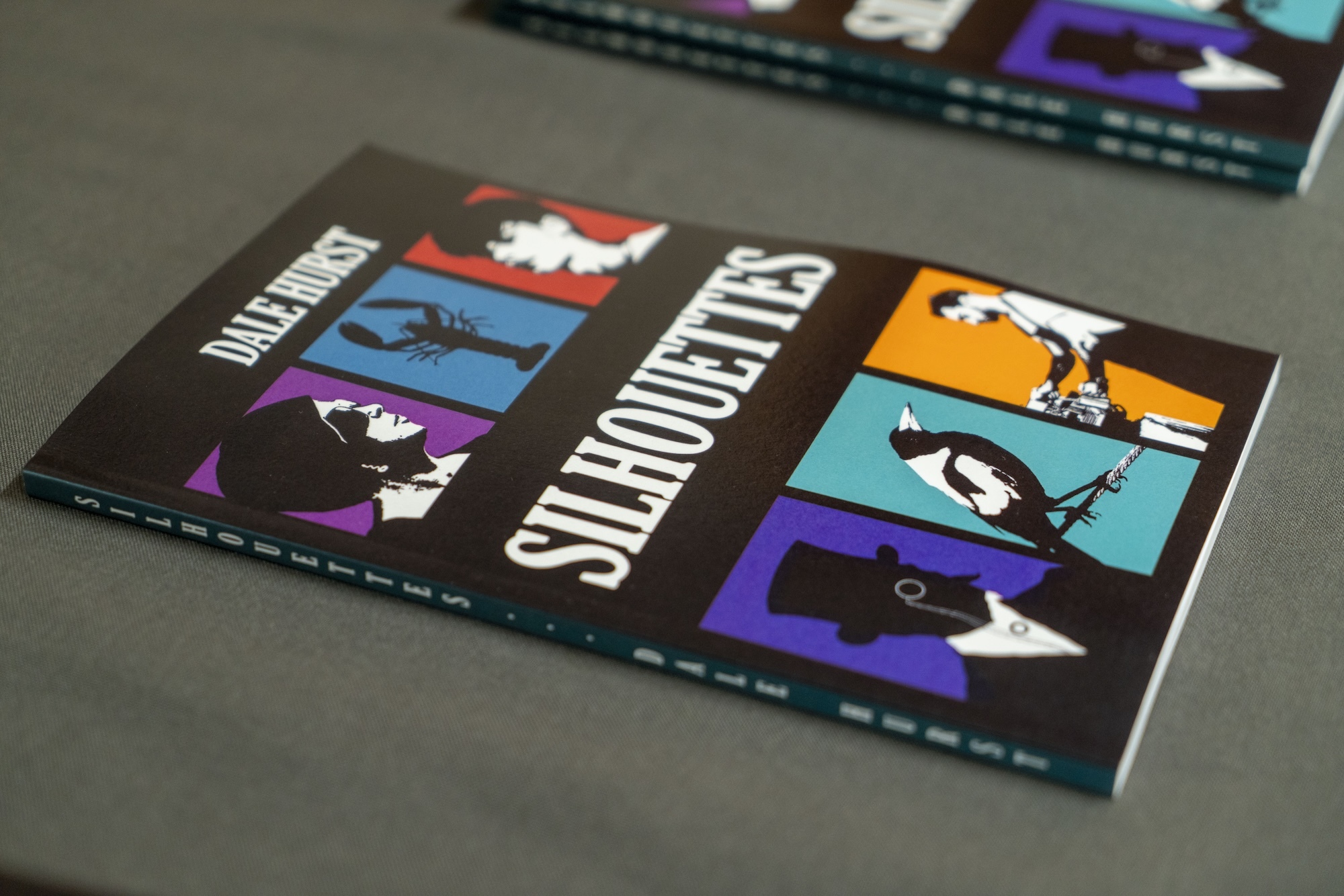 Book with coloured squares showing silhouettes of various characters, "SILHOUETTES" text in white on black background.