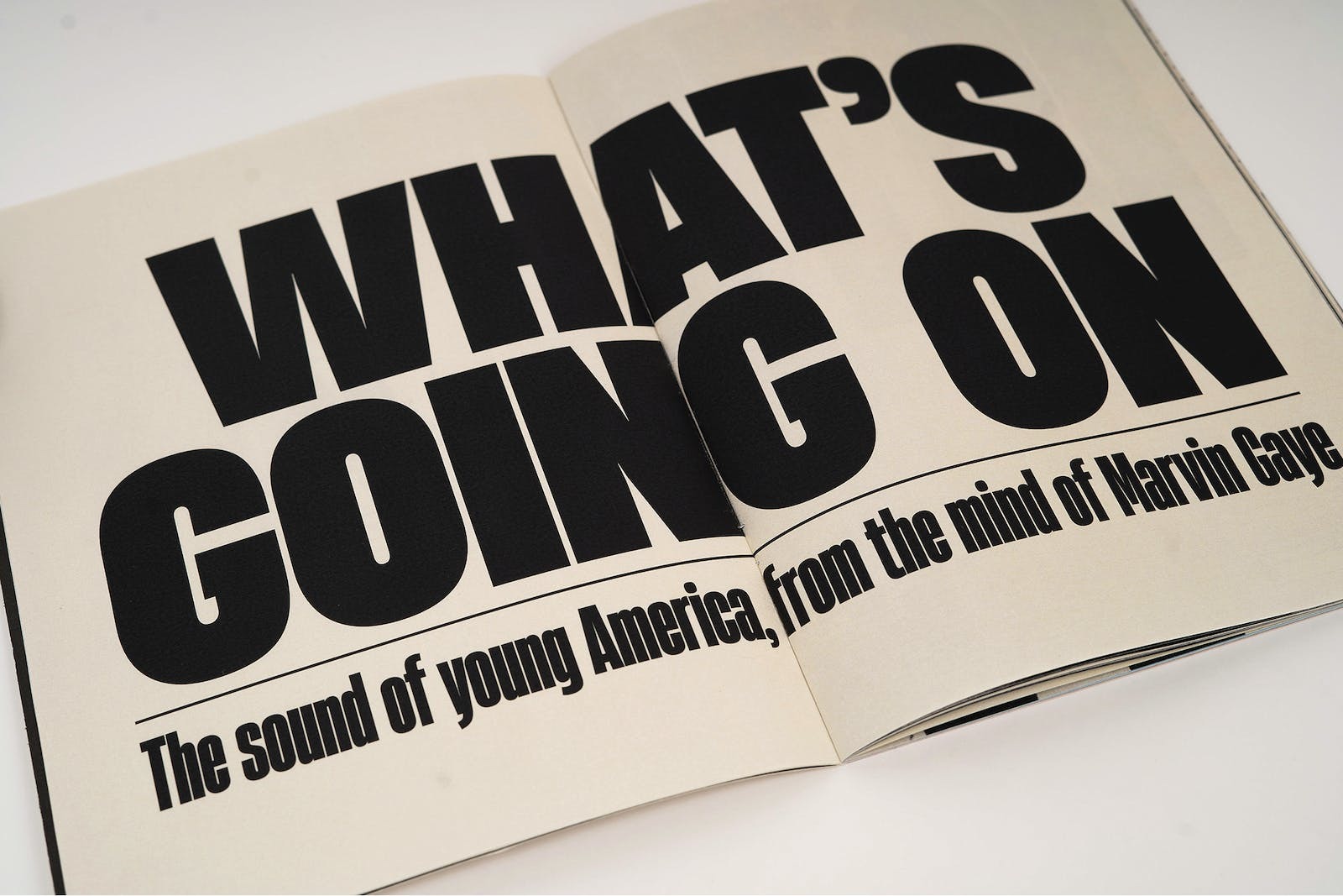 Flat lay of a magazine piece with the headline 'What's going on – the sound of young America from the mind of Marvin Gaye'