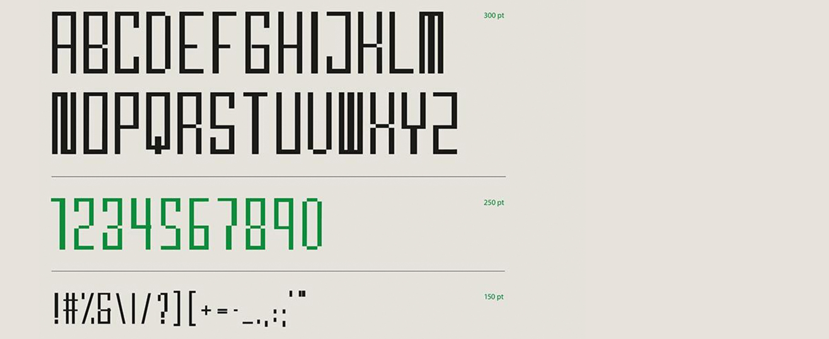 Typography samples showing the letters of the alphabet, numbers 1-0 and symbols.