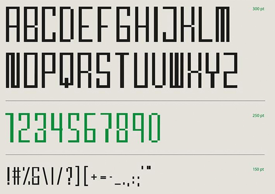 Typography samples showing the letters of the alphabet, numbers 1-0 and symbols.