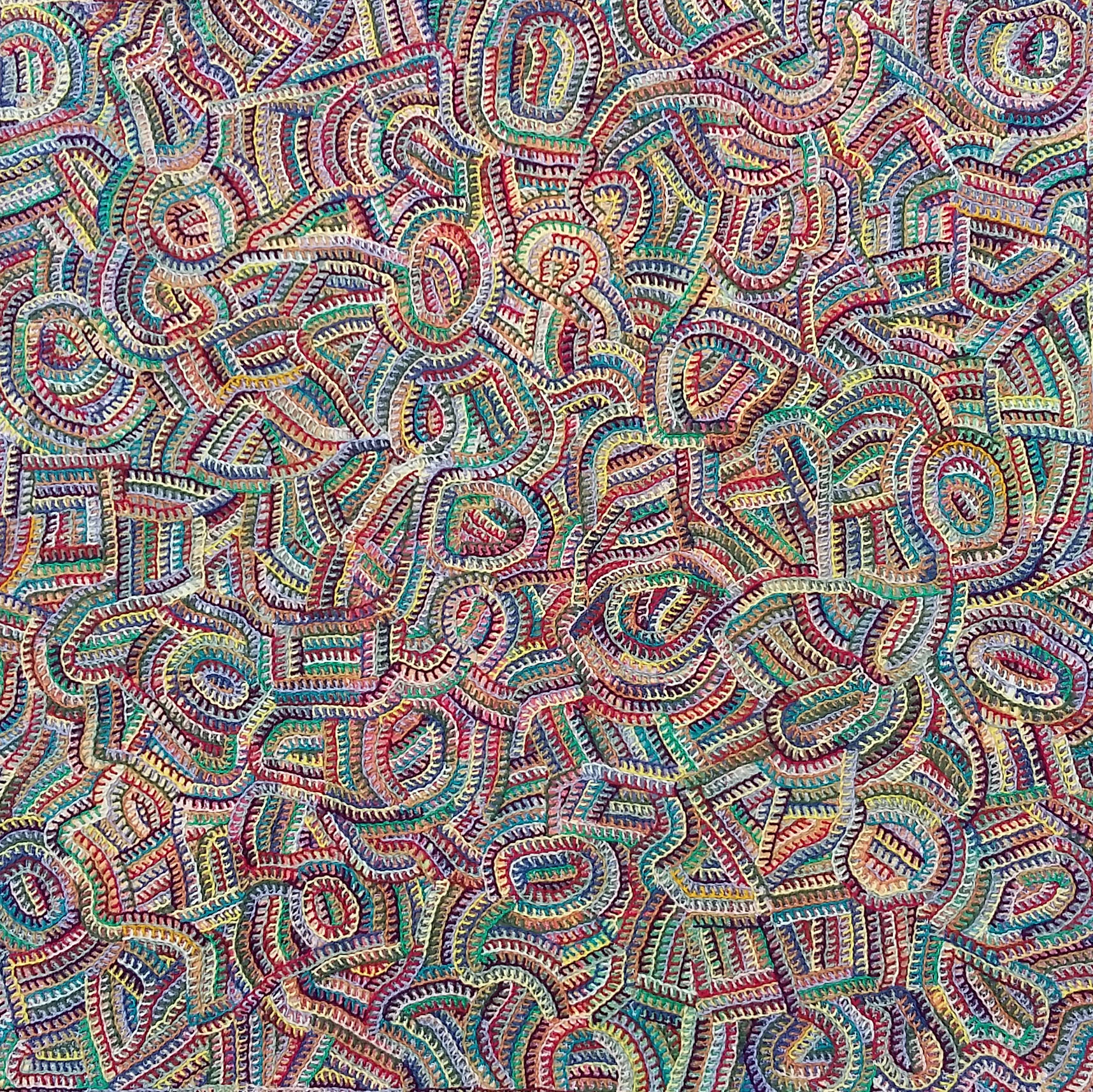 An abstract textiles artwork featuring a dense pattern of interwoven, colourful lines and loops. The composition consists of various shapes and colours, creating a textured appearance that draws the viewer's attention to the intricate details.