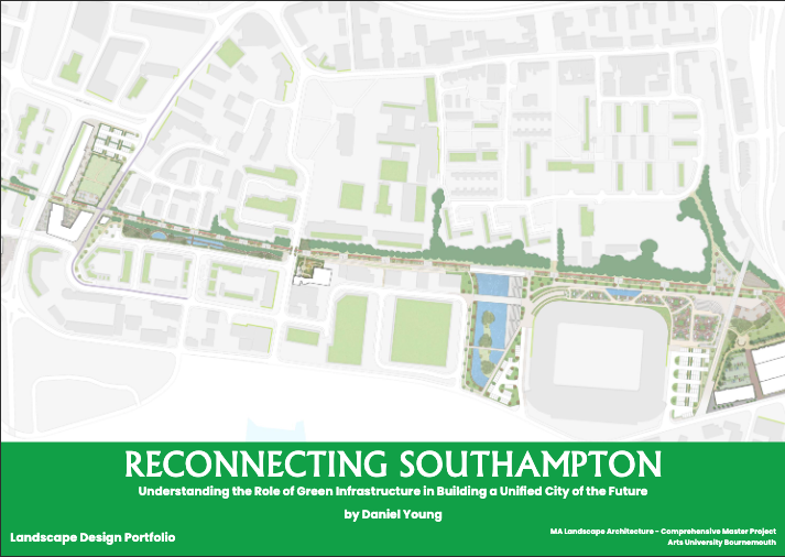 A site plan for Southampton with green corridors and waterways across an urban map, shown above a green title band reading “RECONNECTING SOUTHAMPTON” and “Landscape Design Portfolio”.