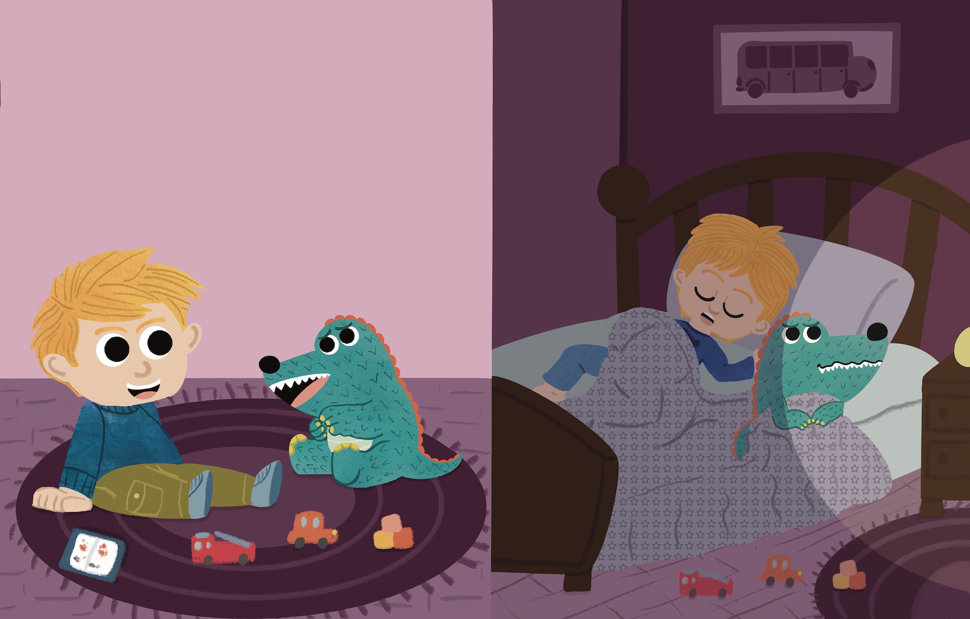 A cartoon boy with blond hair appears in two scenes, sitting on a rug with toy cars and beside a green dinosaur toy in bed.