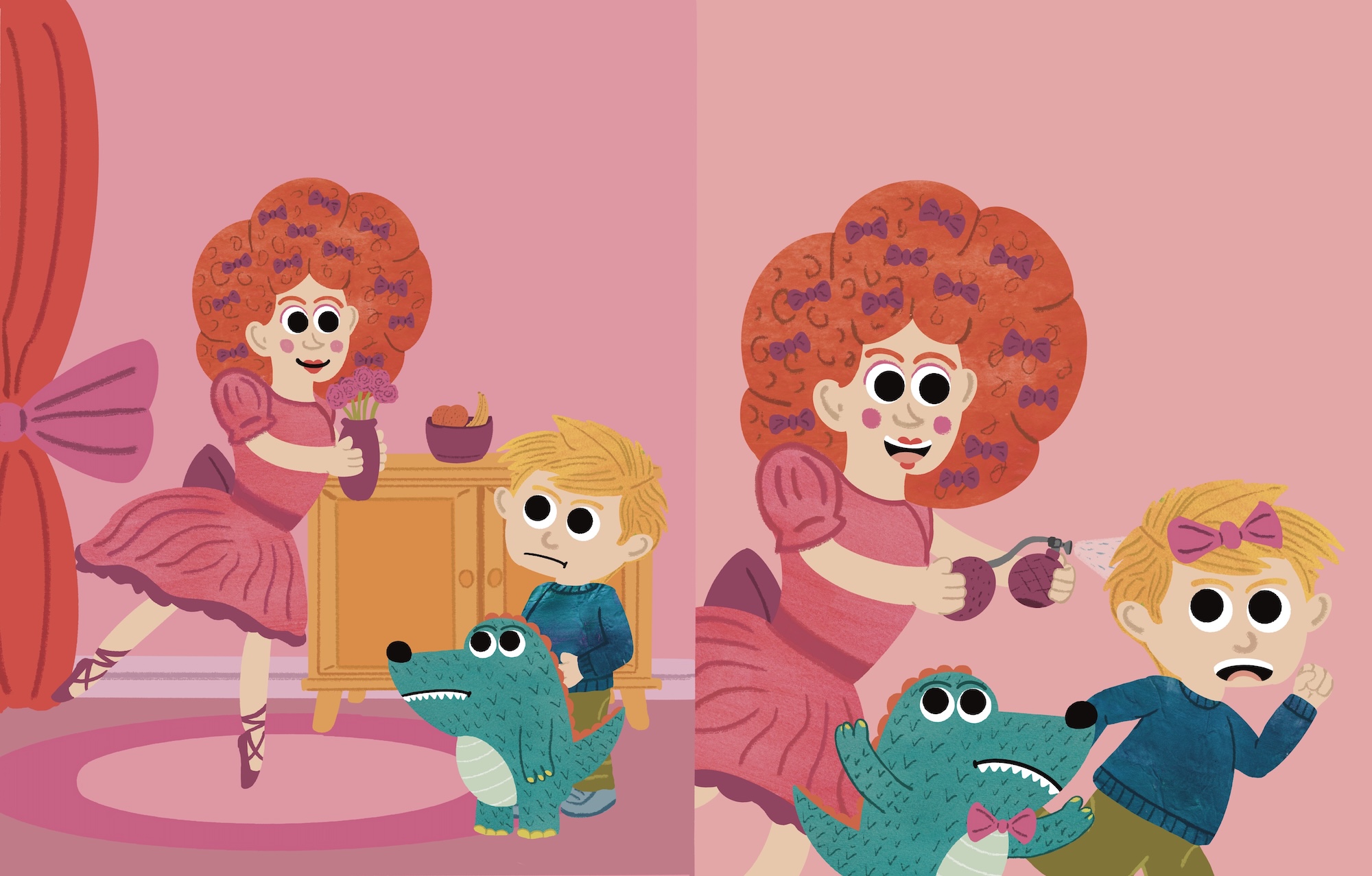 A cartoon woman in a pink dress with large curly hair stands beside a blond child and a teal dog-nosed creature, with a small cabinet and curtains in the background.