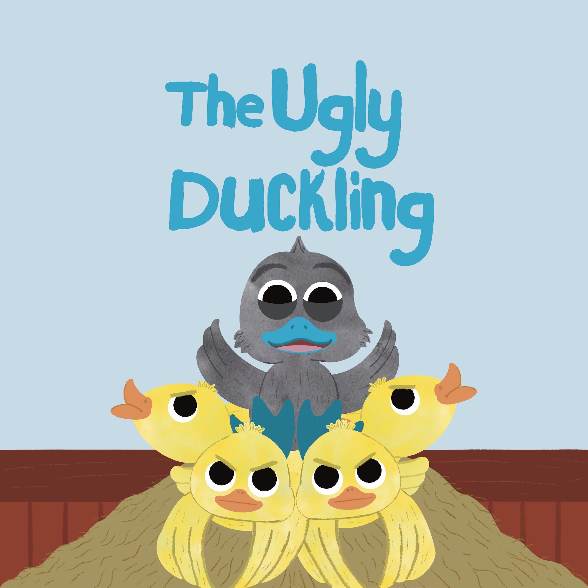 The cover of The Ugly Duckling shows a grey duckling standing above four yellow ducklings on a haystack against a pale blue background.