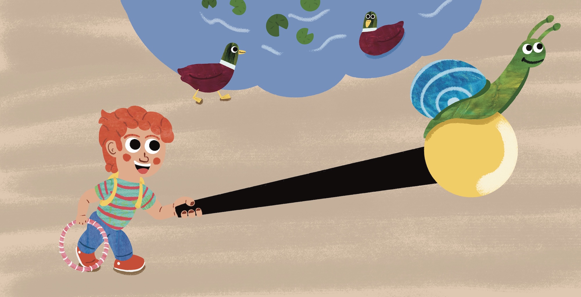 A cartoon red-haired child pulls a black rope attached to a snailshell-like green creature riding a yellow ball, with birds above on a blue cloud-shaped background.