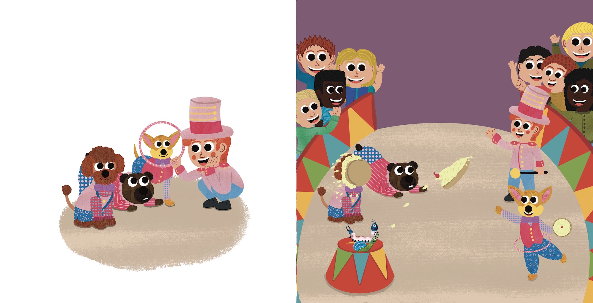 Two colourful children’s illustrations show smiling children and animals gathered on a round beige rug, with one scene on a white background and the other in a circus-style setting.