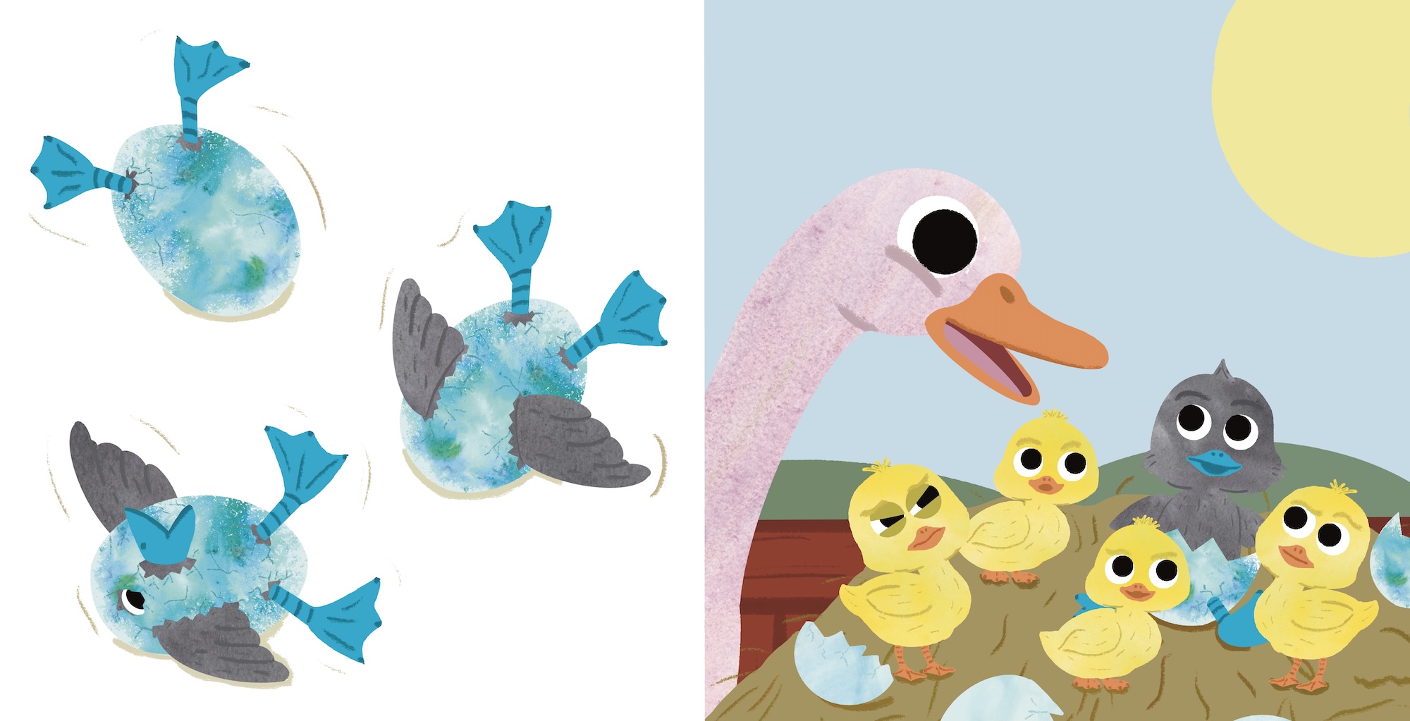 A split illustration shows three blue birds with grey wings on a white background and five yellow ducklings beside a pink duck on a bench under a pale blue sky with a yellow sun.