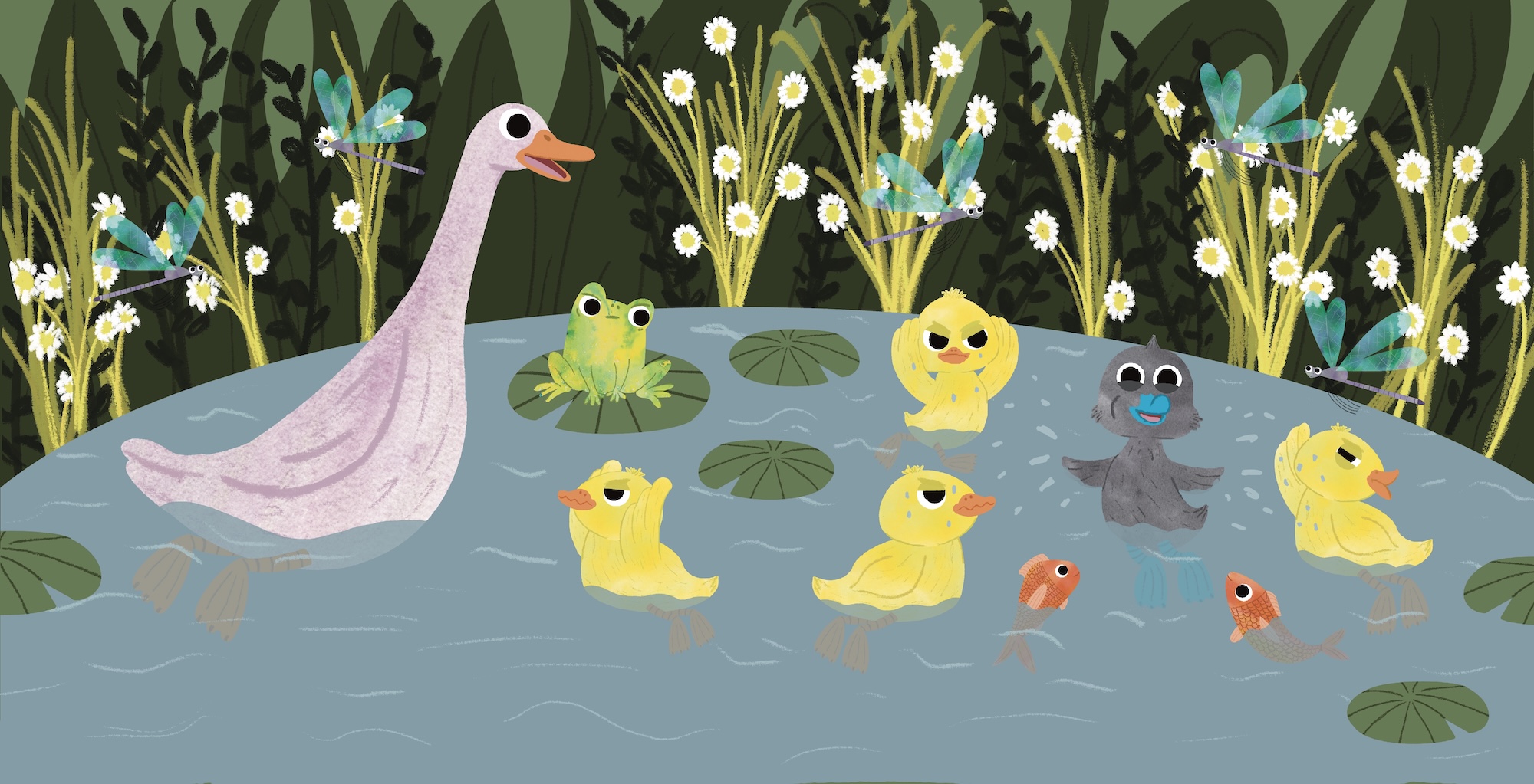 A pink goose stands in a pond with several ducklings and frogs, surrounded by reeds, white flowers and lily pads.