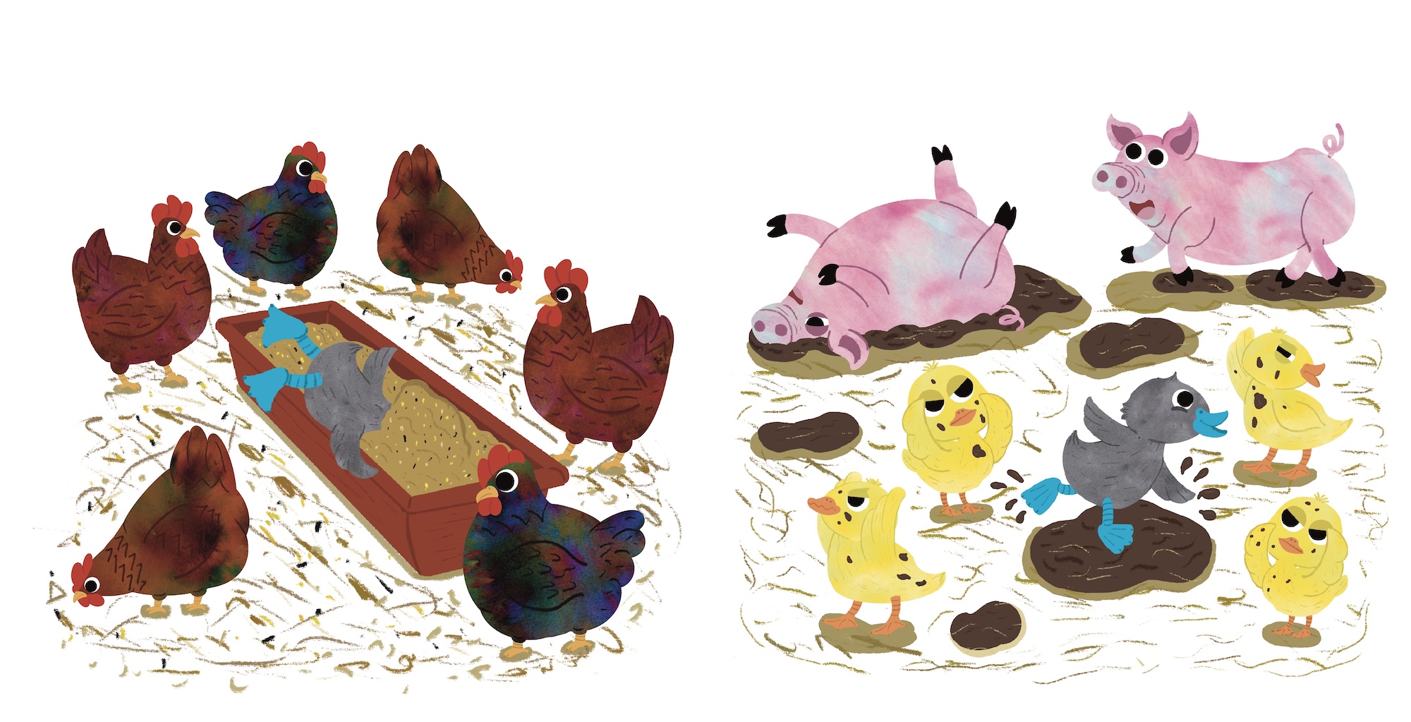 Illustrated farm animals surround a cardboard dig box, with hens and a rooster on the left and piglets with chicks on the right.