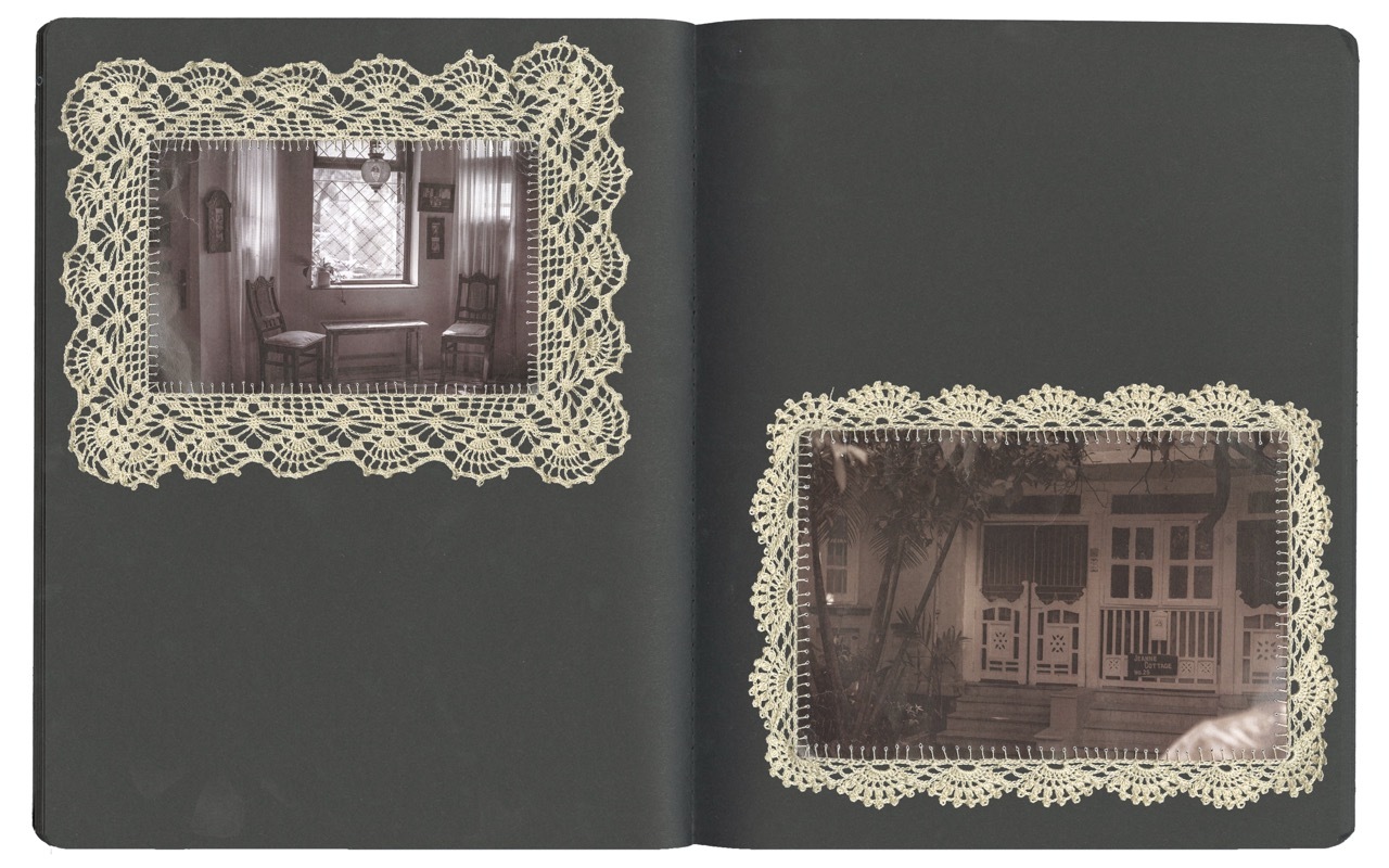 Two black and white images of interior living room, woven onto dark grey paper with delicate white embroidery.