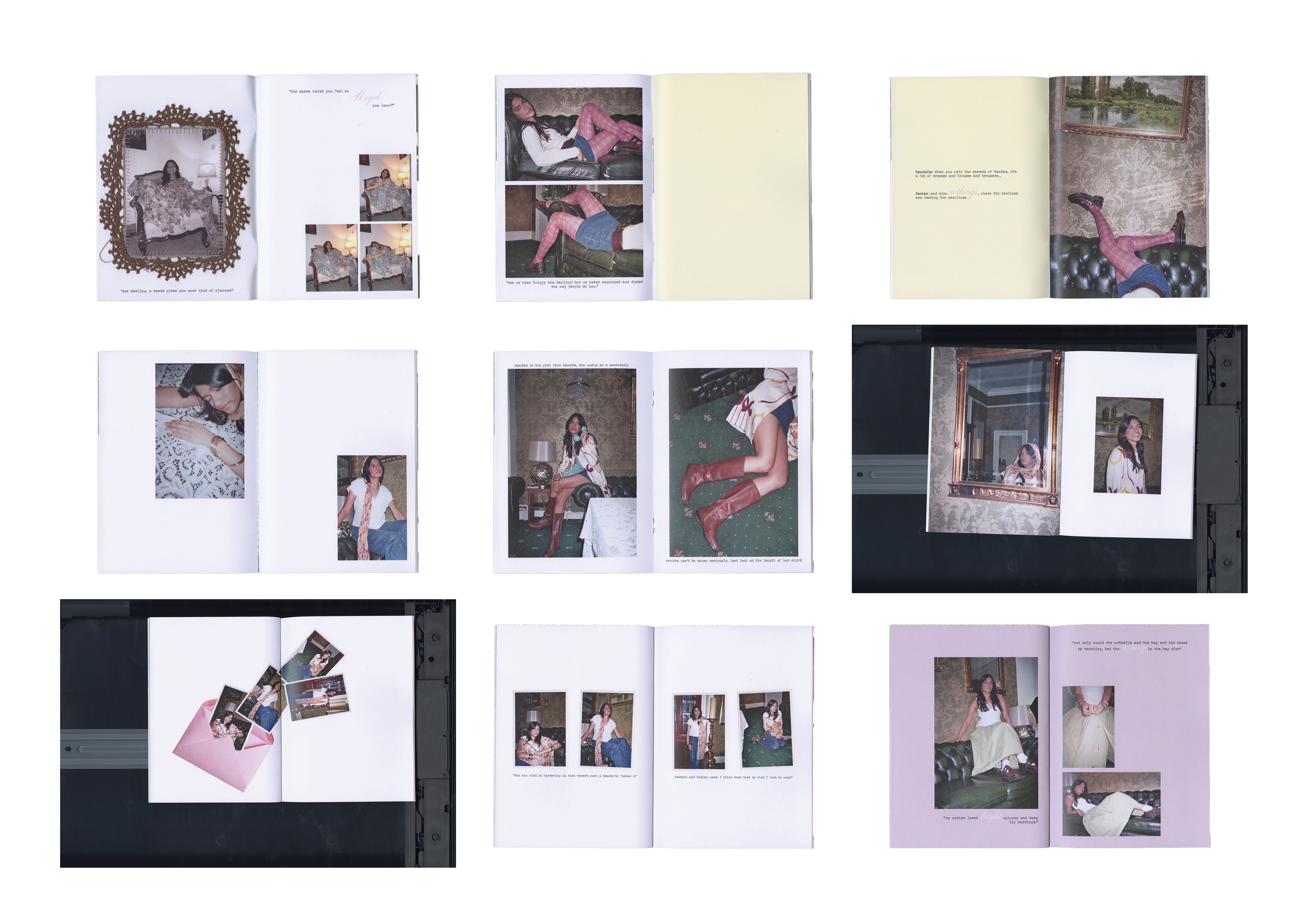 Grid of twelve white and cream album pages with mounted colour photographs, arranged in three rows of four spreads each.