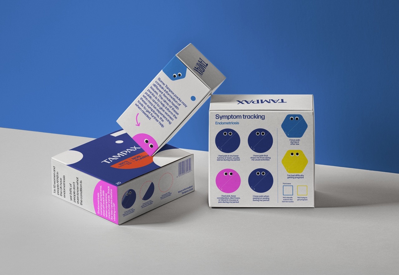 Packaging box of NHS and Tampax collaboration, including peelable stickers. This box covers the symptoms of Endometriosis and helps the user identify if they match the symptoms of a specific hormonal condition.