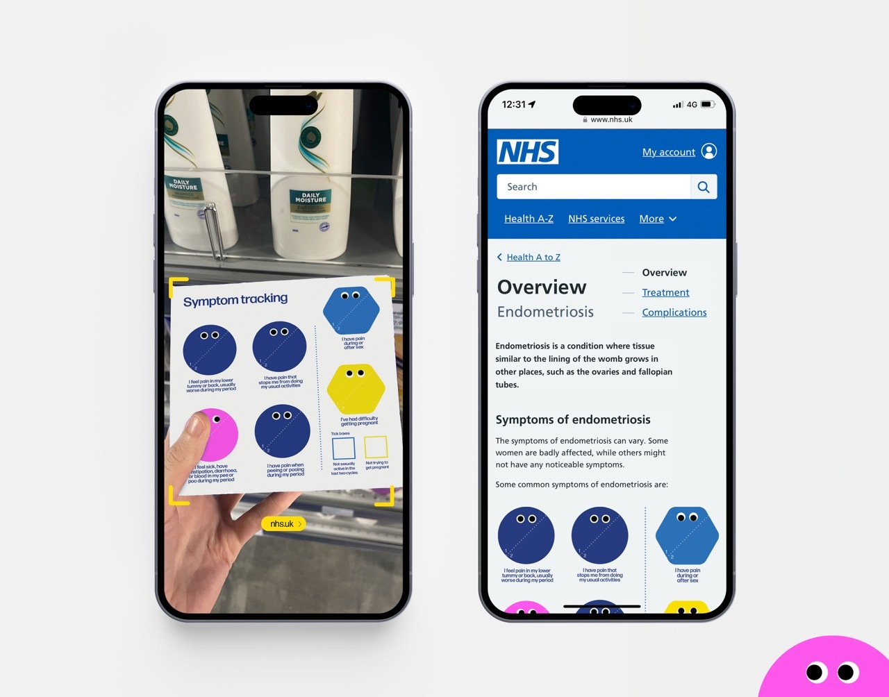 Phone scanning of the packaging box, taking the user to the NHS website for box-specific hormonal condition.