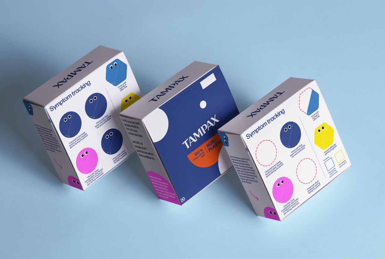 Packaging box of NHS and Tampax collaboration, showing the different stages of peeling the condition sticker off the box.