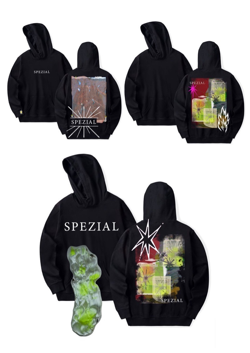 Mock-up art for Das SPEZIAL black hoodies.