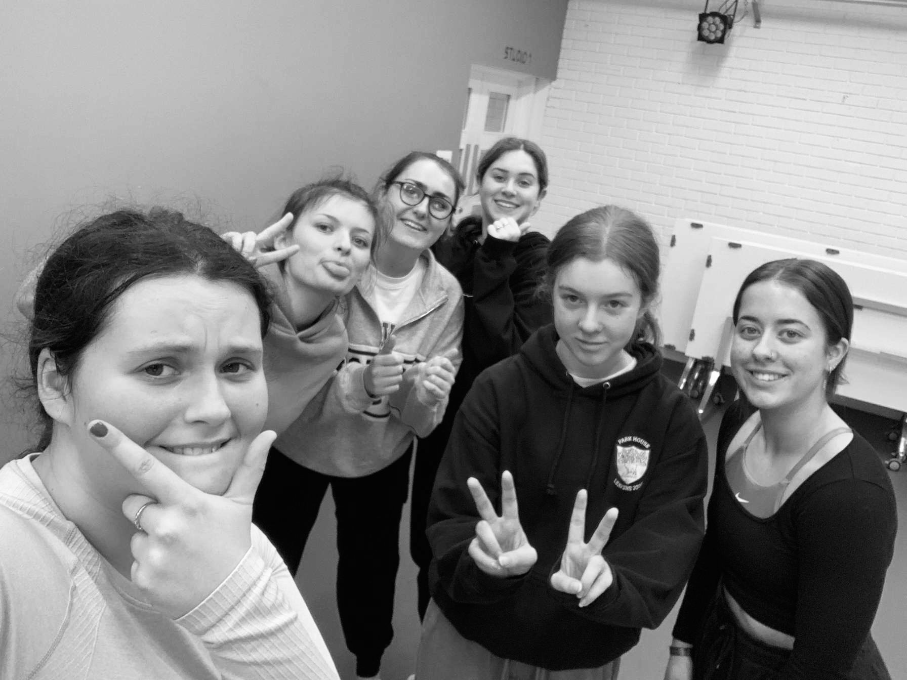 Six people pull various poses for a selfie.