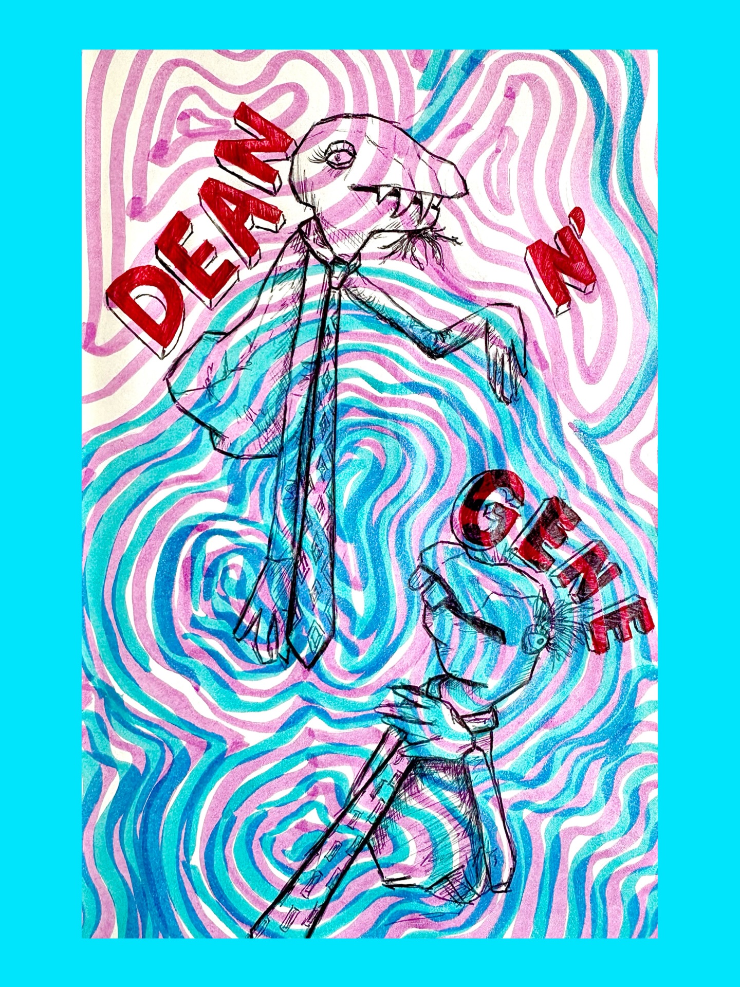 Colourful poster with blue and pink wave-like illustration, with two puppet aliens, red text reads 'Dean n' Gene'.