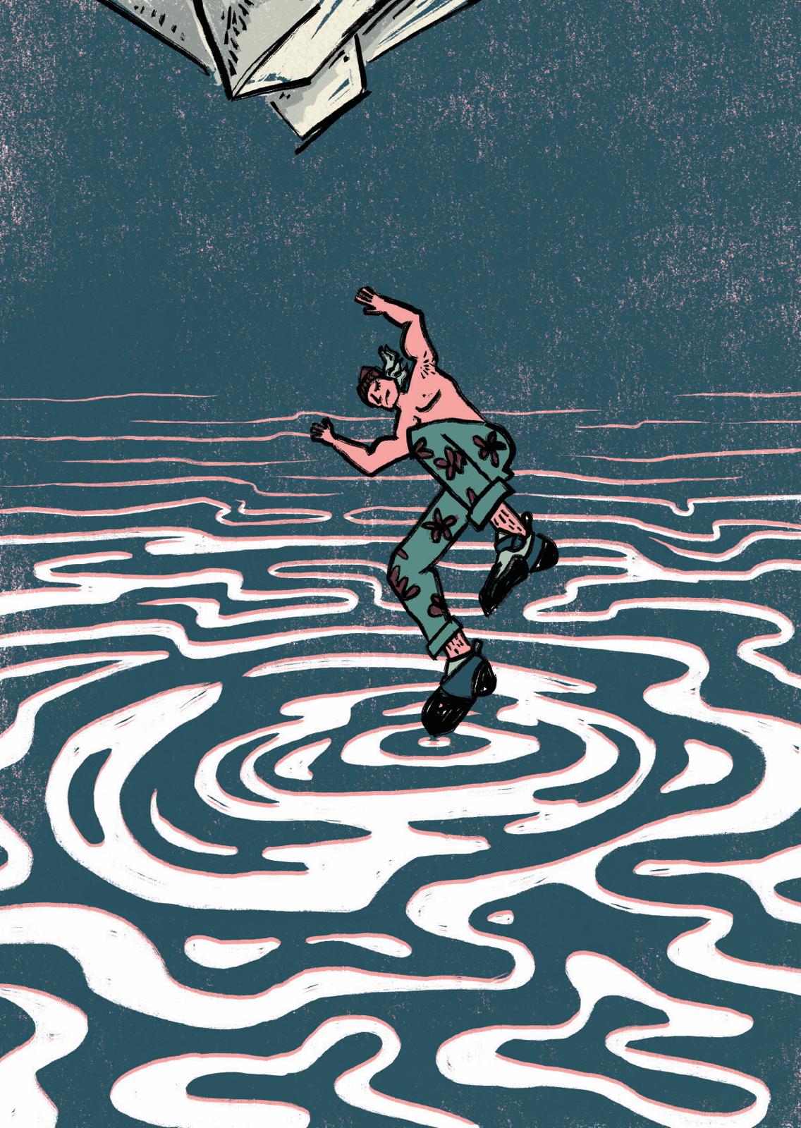 Cartoon of a topless person wearing flower-patterned leggings free-falling into a blue and white pool.