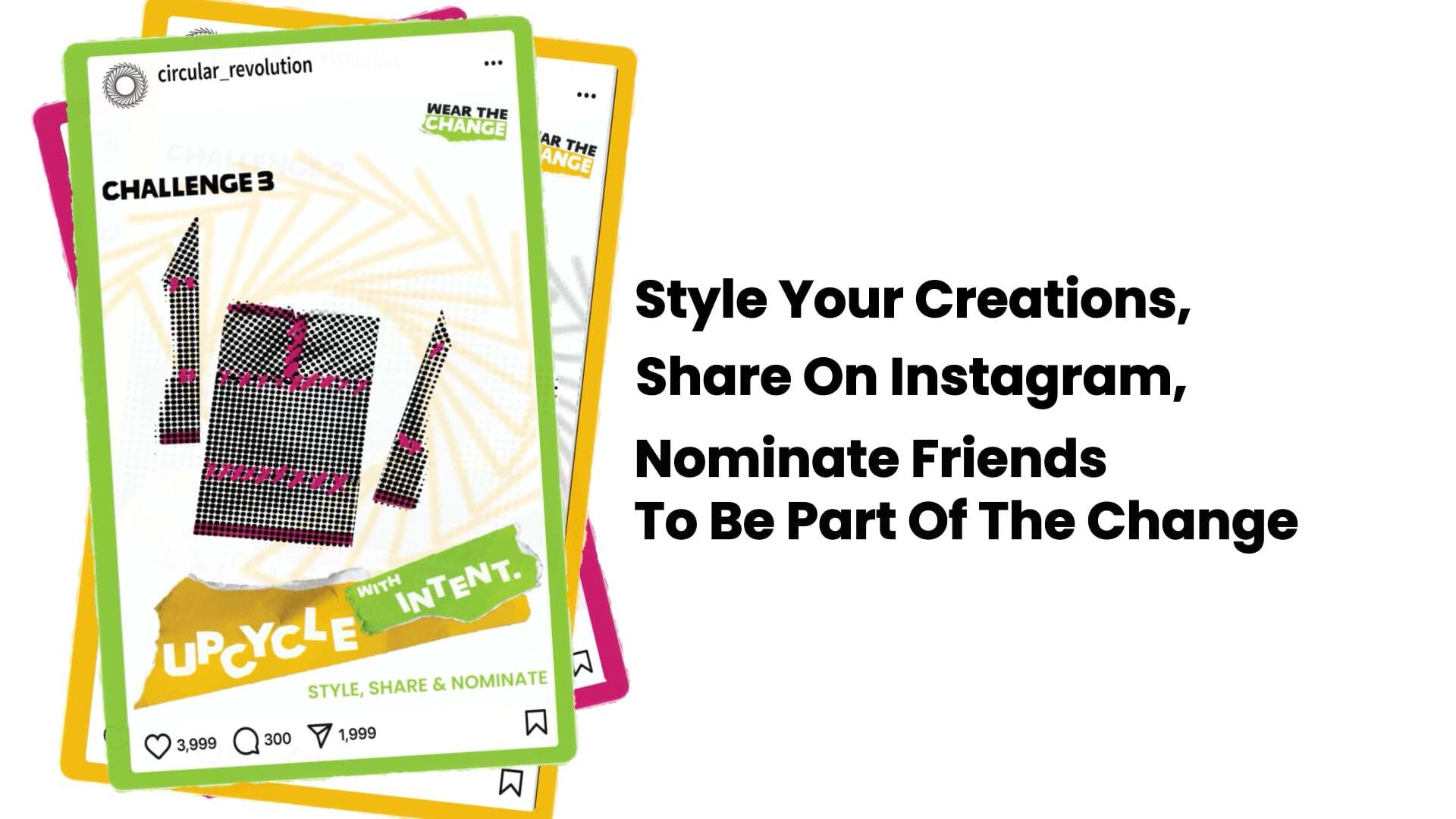 Colourful card stack showing Challenge 3 with checkered pattern clothing items, green and yellow borders, text about styling creations.