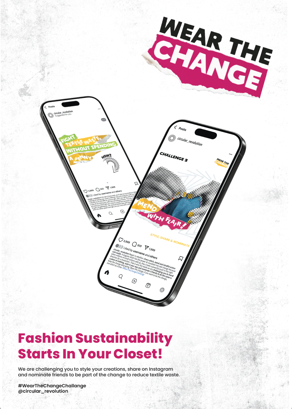 Two smartphones displaying social media posts with "WEAR THE CHANGE" text in black and pink above. White background with grey texture.