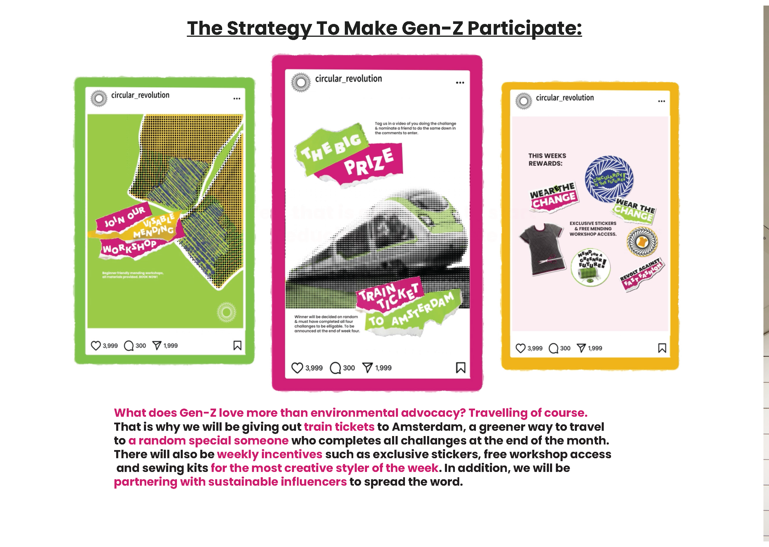 Three mobile interface mockups in green, pink, and orange frames showing social media posts with prize graphics and promotional content.