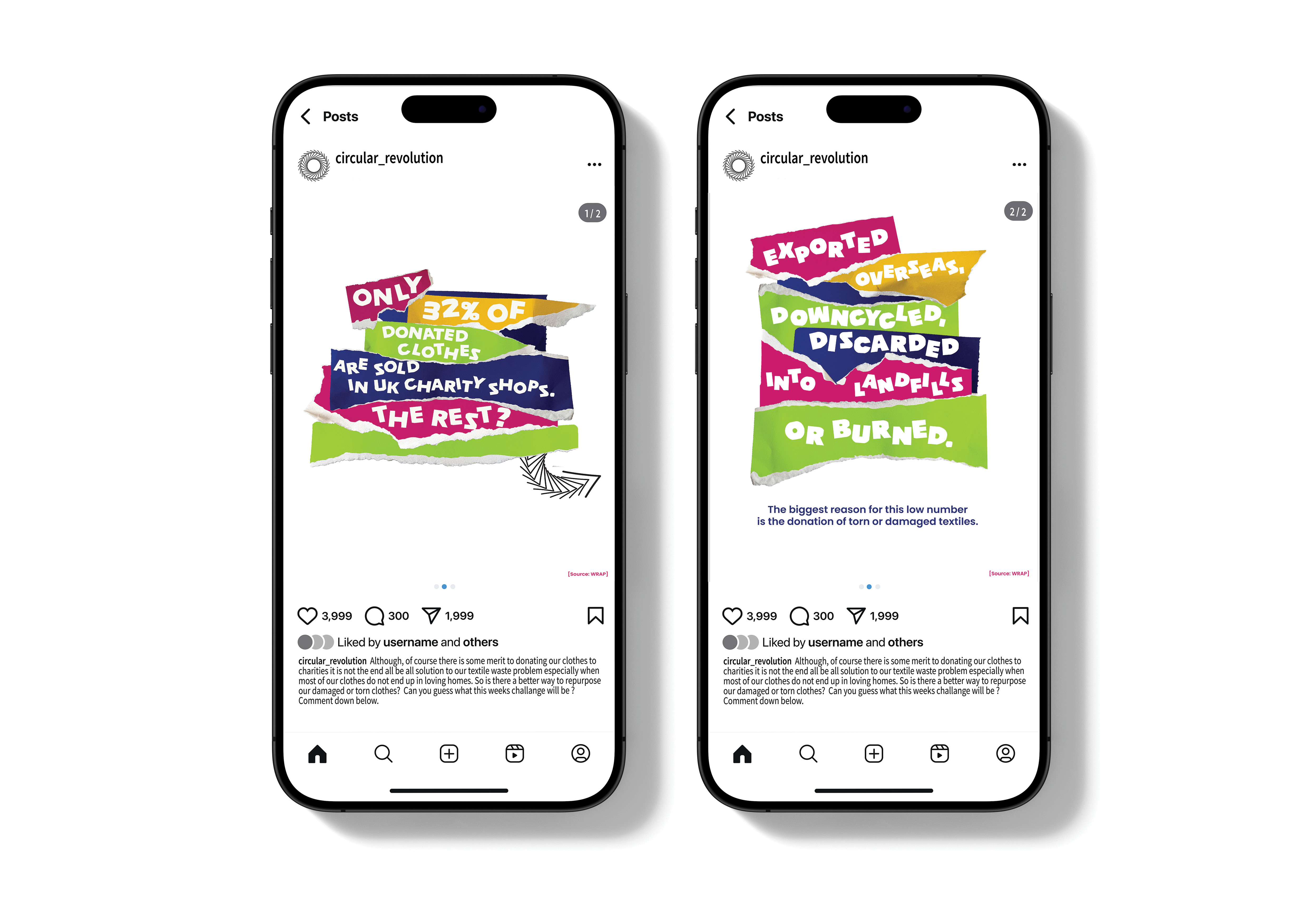 Two mobile phones displaying Instagram posts with colourful text overlays in pink, green, and purple speech bubbles on white backgrounds.
