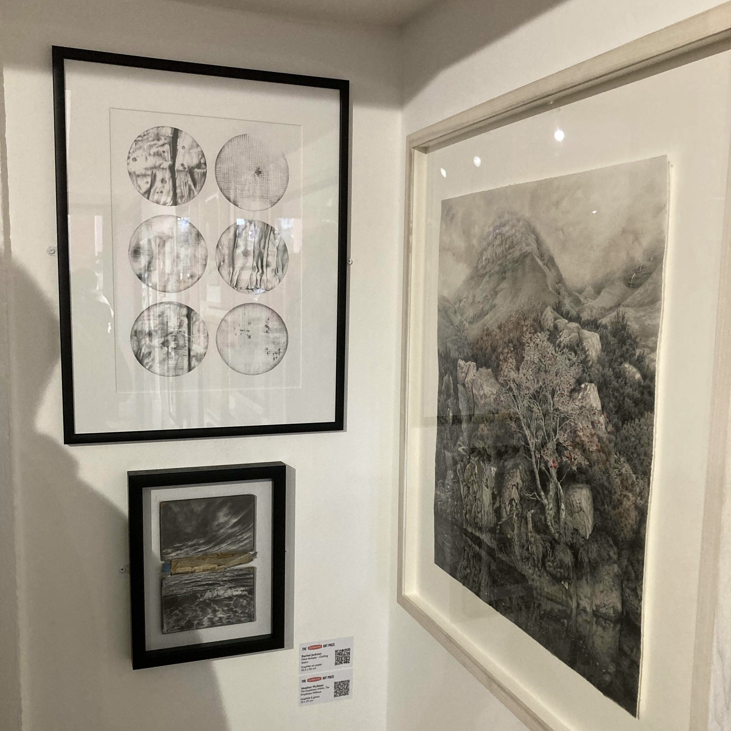 Rachel's pencil-drawn work alongside other art at the Derwent Art Prize, six abstract drawn circles with textures.