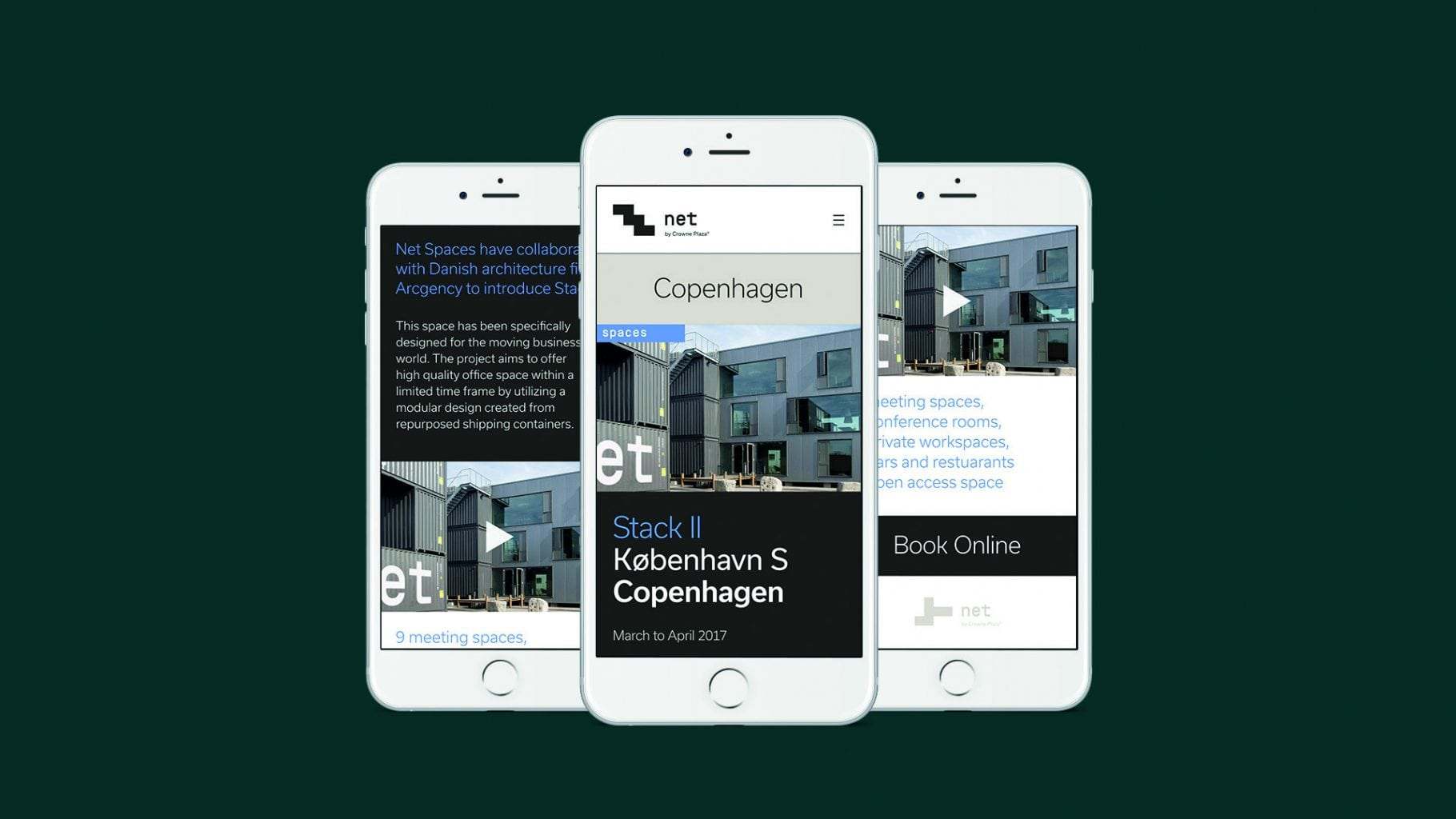 Three mobile phone screens displaying different parts of a website.