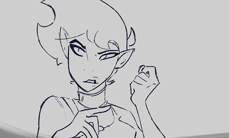 Close-up line drawing of an elf-like person with a cynical expression.