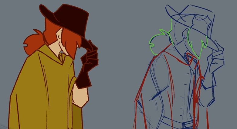 Two illustrations of a cloaked figure pulling the brim of their hat down, their face covered by their long hair. The left illustration is coloured, the right illustration is made up of coloured lines only.