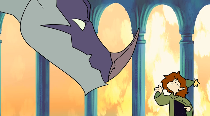 Illustration of a wizard smiling and talking to a dragon.