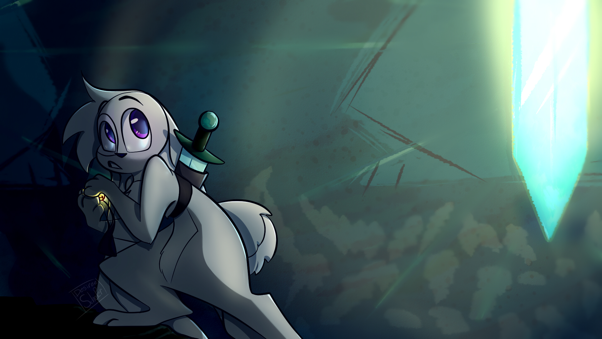 Animated anthropomorphic rabbit character with a sword on its back, cowering before a bright jewel-like object while shielding another object.