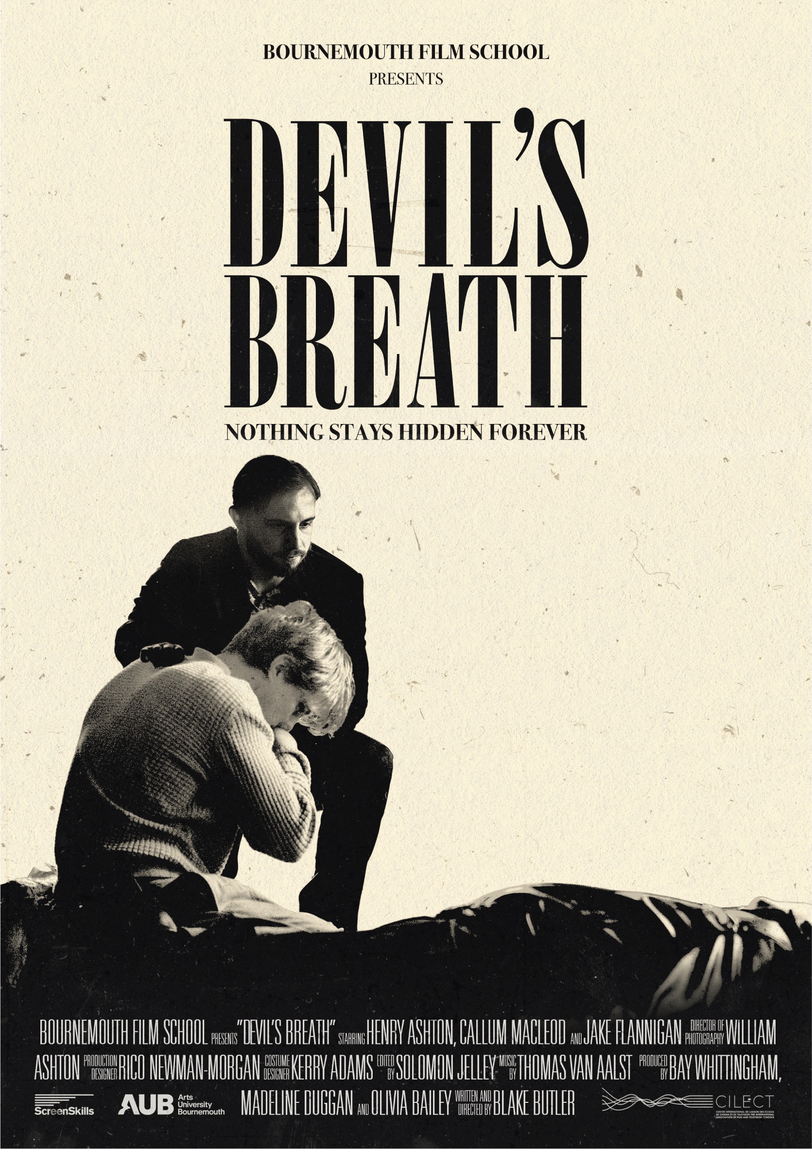 A vintage-style film poster for "Devil's Breath" featuring a man seated while comforting a woman with her head down. The text includes the title, the film school logo, and credits, all presented in a monochrome palette with a textured finish.