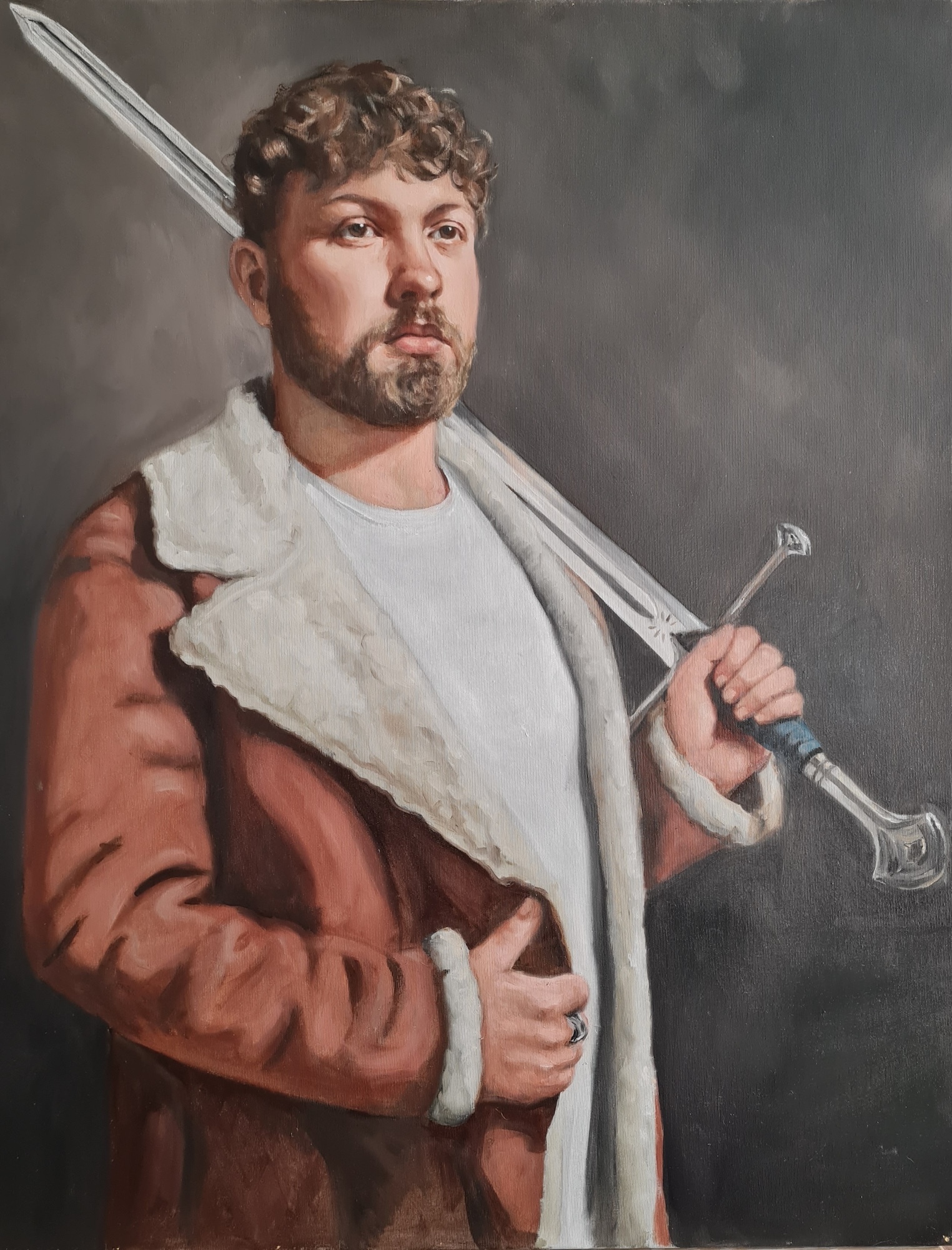 Painting of a man with a bard wearing a brown and white fleece and white T-shirt, holding a sword in one hand, the blade leant on his shoulder.