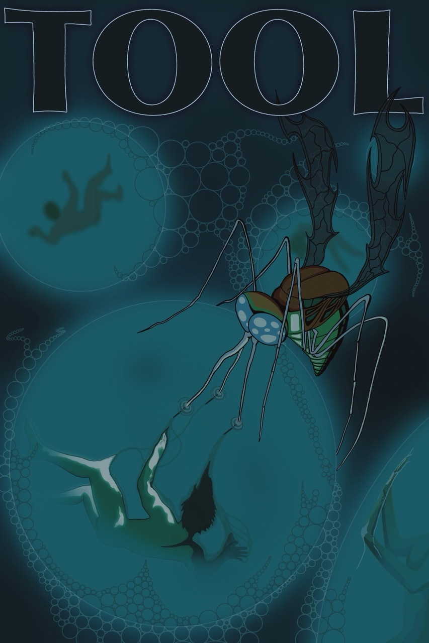 Abstract music poster with a mosquito and nude figures in bubbles, dark teal, title reads 'TOOL' in caps.