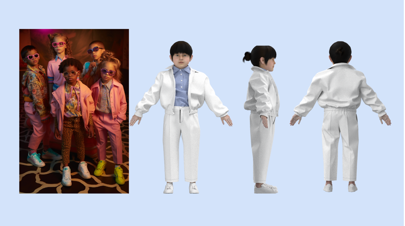 AI generated image showing five young people wearing colourful floral-inspired clothing. Digital 3D illustrations of a young person wearing a casual suit viewed from the front, side and back.