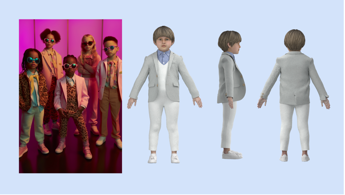 AI generated image showing five young people wearing colourful animal-inspired clothing. Digital 3D illustrations of a young person wearing a casual suit viewed from the front, side and back.