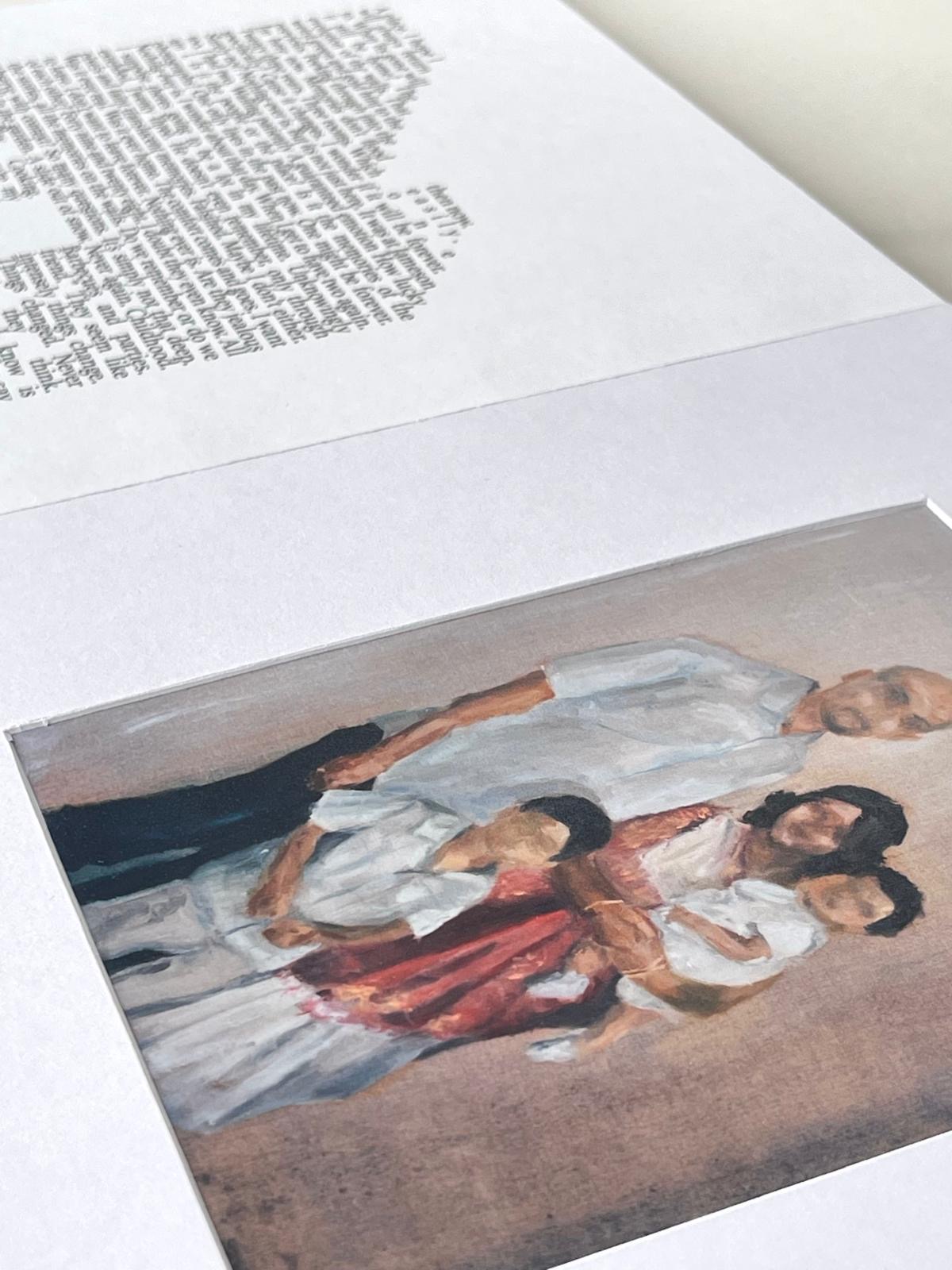 A double-page spread of a book. The left-hand page shows text written to form a shape, the right-hand page shows a family photo of four people.