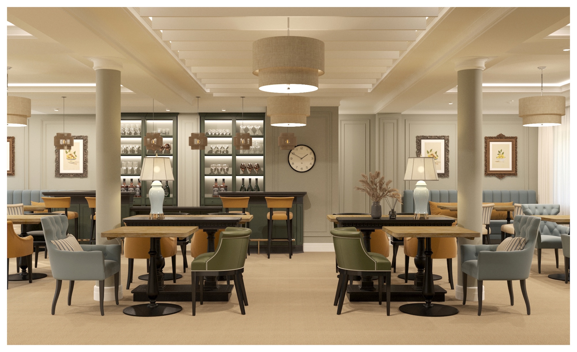 A stylish hotel lounge with green and grey armchairs around round wooden tables, and a back bar with shelves of glasses and lamps.