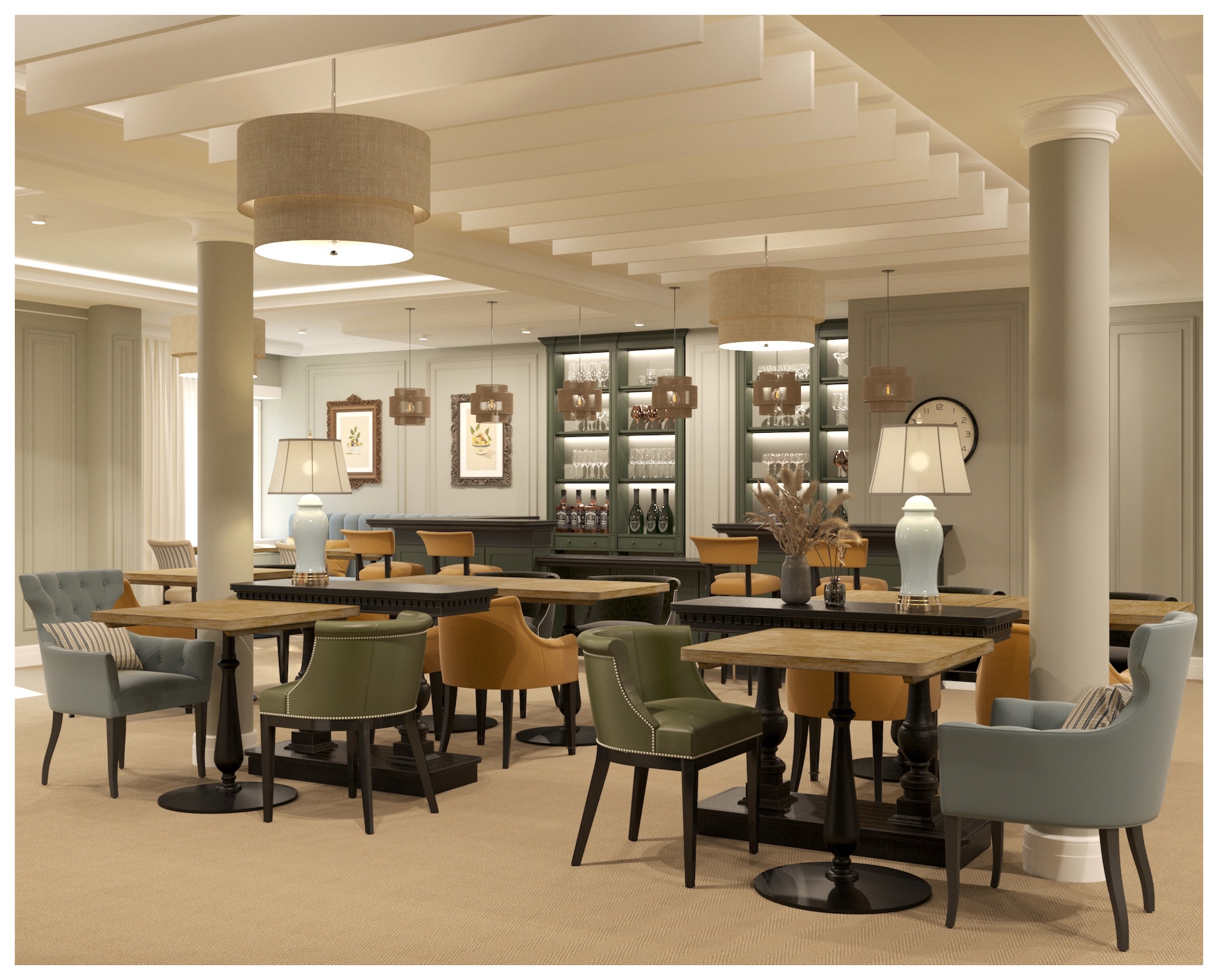 A contemporary lounge with wooden tables and mixed-upholstered chairs, featuring pendant lamps, columns and glass-fronted display cabinets along the back wall.