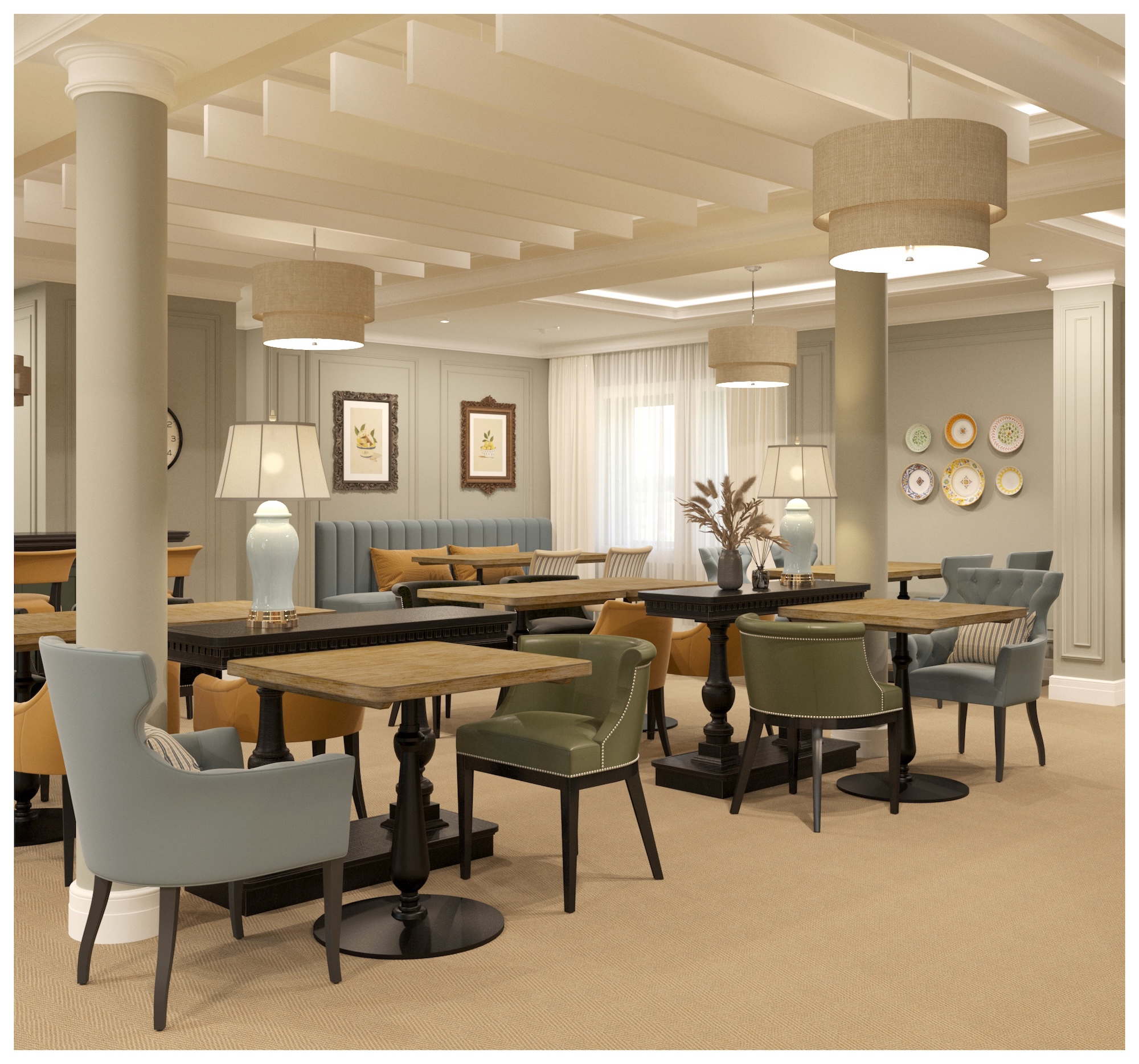 A stylish lounge area with wooden tables and mixed chairs arranged on a beige carpet, with pendant lights, table lamps and framed artwork on the walls.