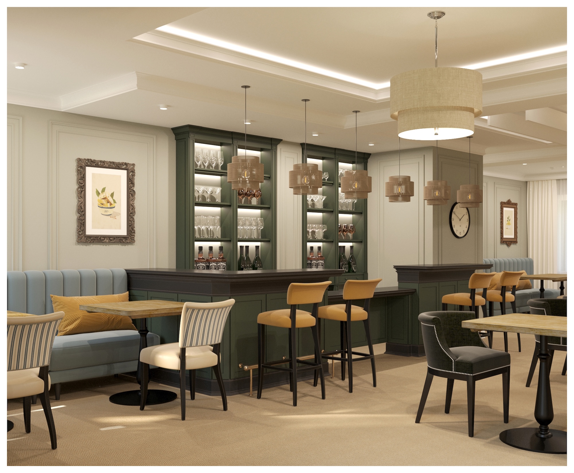 A stylish hotel lounge bar with high stools and armchairs around small wooden tables, featuring dark shelving of glassware and pendant lights beneath a coffered ceiling.