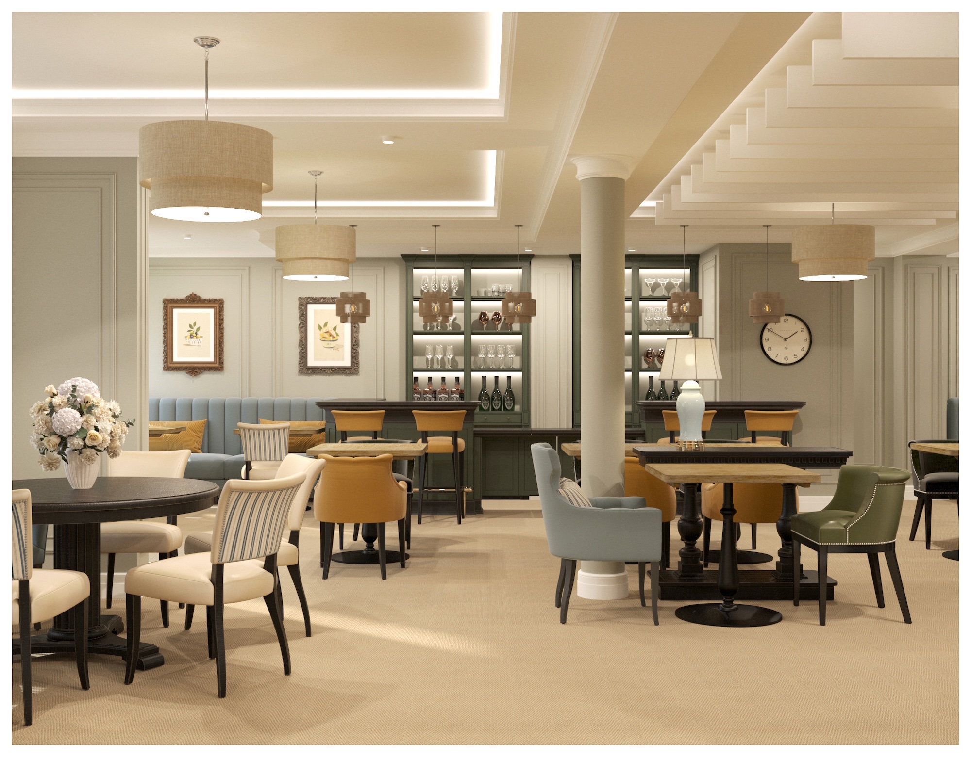 A refined café or lounge interior with round tables and upholstered chairs, lit by pendant lamps and ceiling soffits, with framed art, shelving and a wall clock in the background.