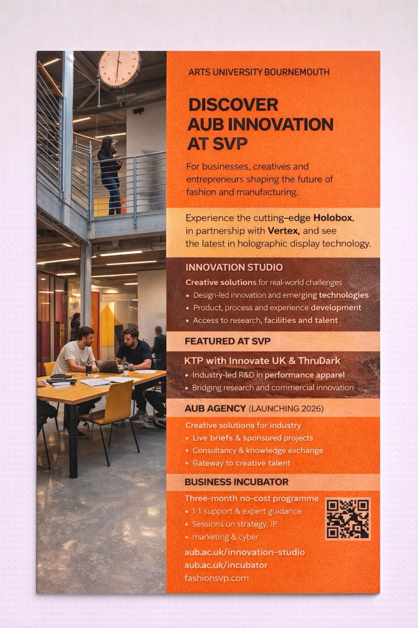 Orange poster with information about AUB at SVP, image of Innovation Studio and people working at orange desk on the left.