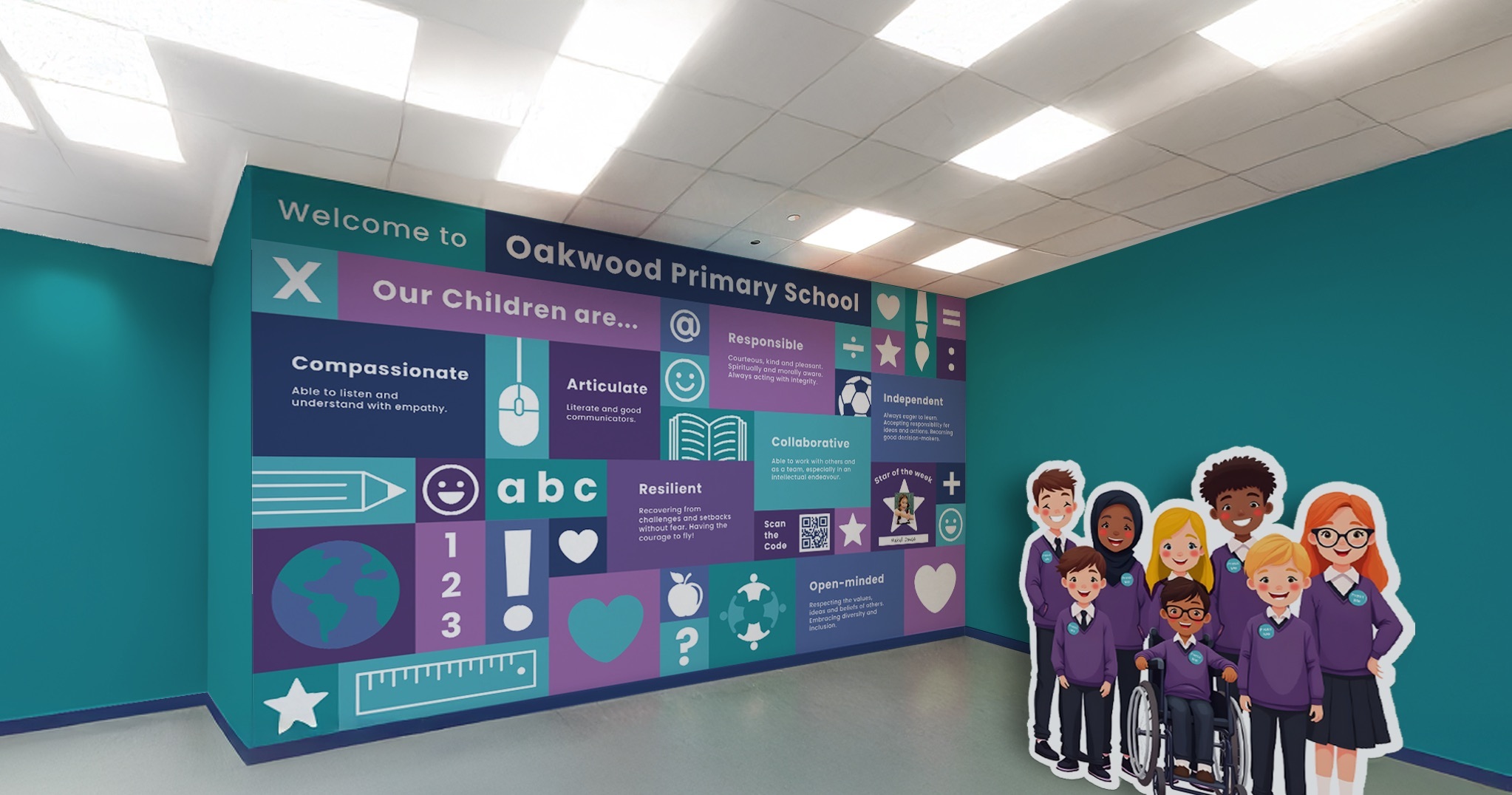 School reception area with teal walls and large purple display board showing welcome message, school values, and educational graphics. Cut-out figures of children in purple uniforms on right.