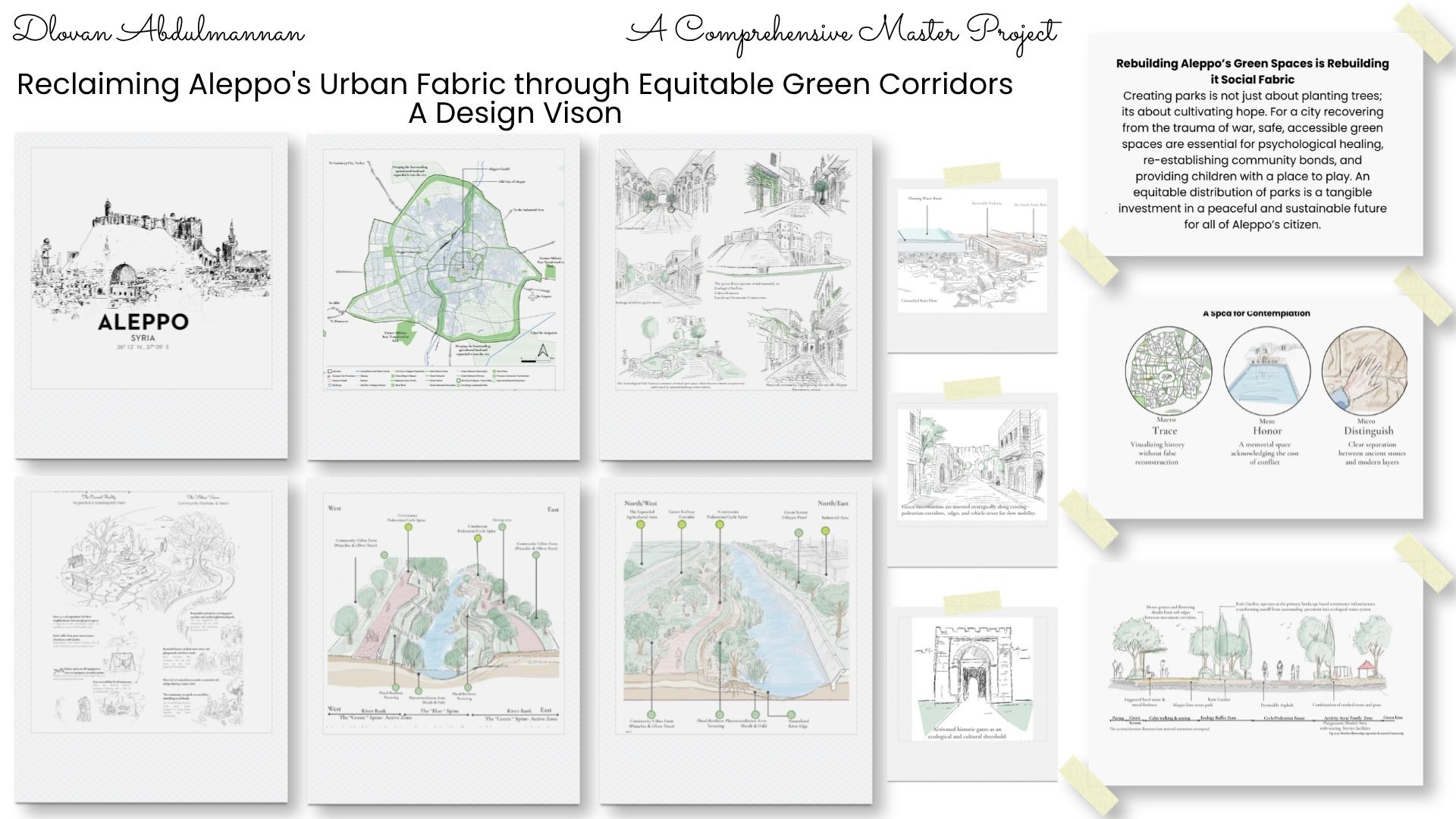 Slide with detailed images of architectural plans and green spaces, creating parks, rivers and green corridors. Diagrams and sketches of these and street views on a white background.